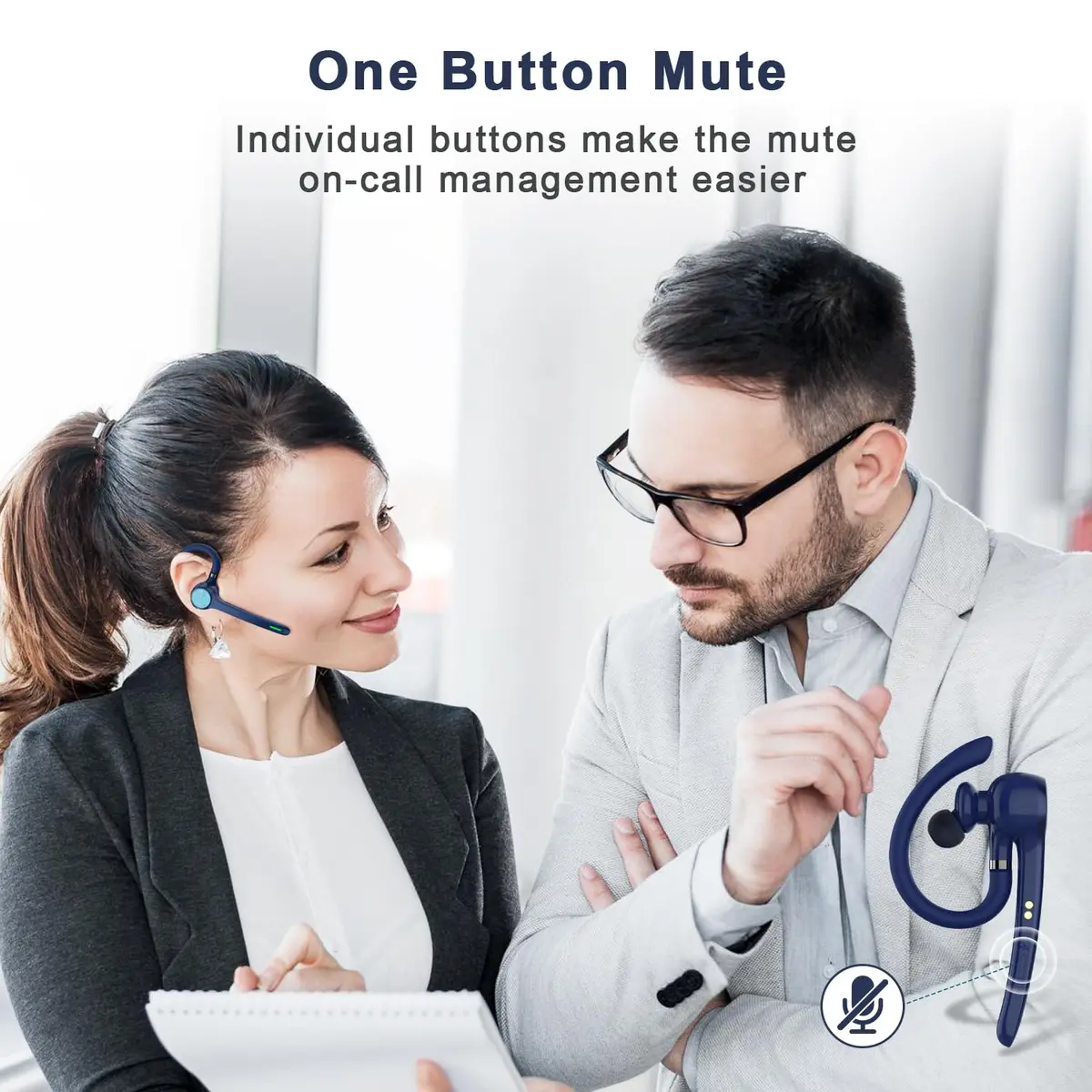 HEIBAS Bluetooth Headset Wireless Earpiece with Mic for Work | 18-23H Talk Time, 10m Range, Dual Connection - view 4