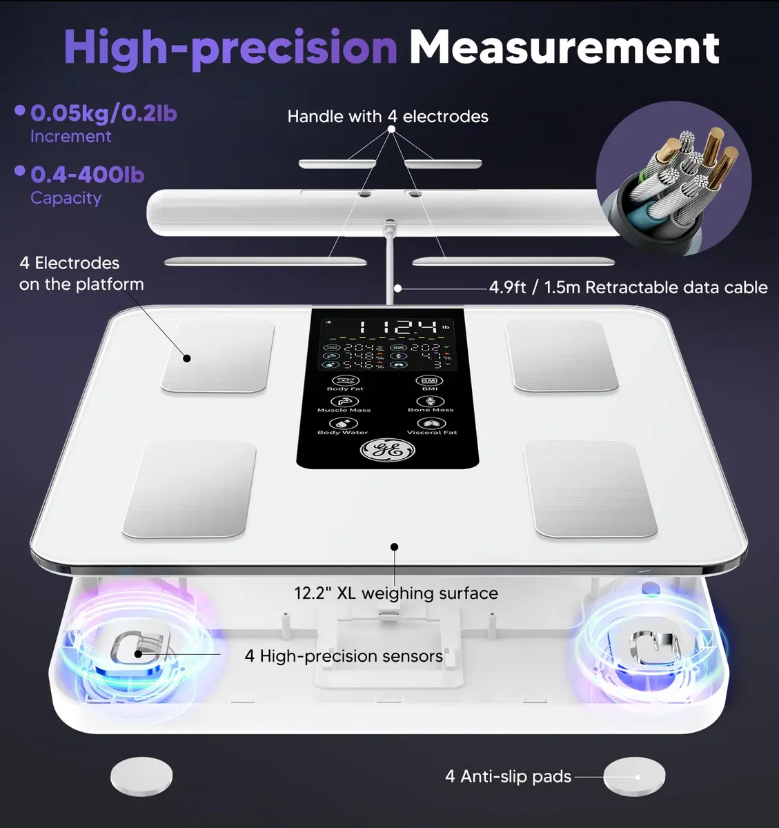 GE Smart Body Composition Analyzer Scale | 50+ Metrics, 8-Electrode Dual-Frequency Technology, 2.05 kg (4.5 lb) - view 5