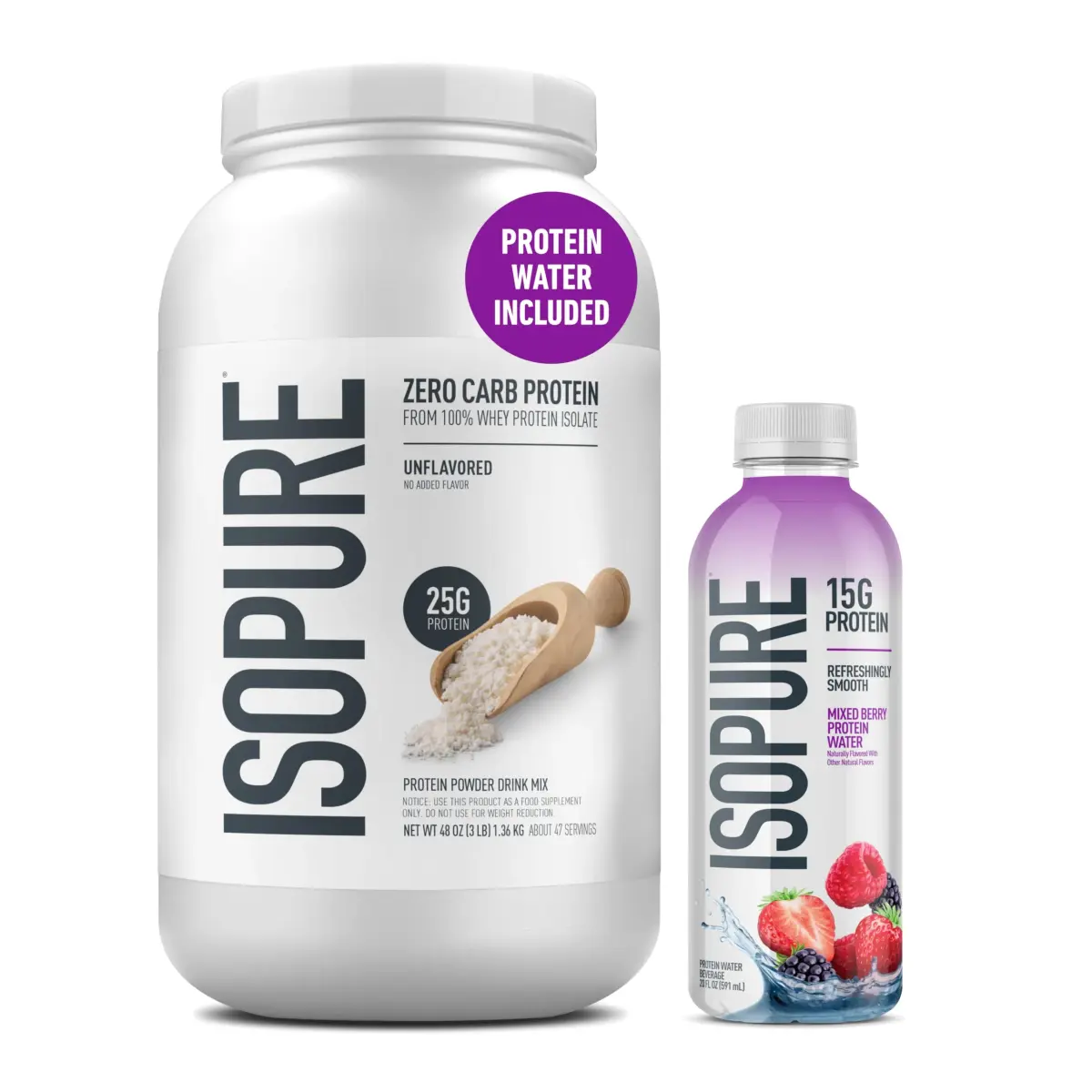 Isopure Zero Carb Whey Protein Isolate Unflavored 3 Lb + Mixed Berry Clear Protein Water 20 fl oz | 47 Servings Protein Powder - main product image