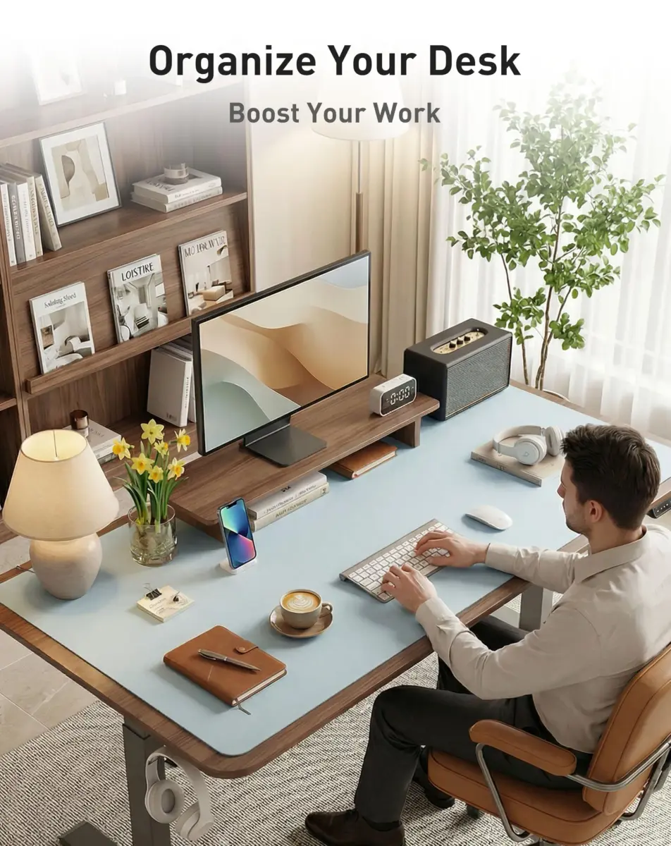 Aothia Faux Leather Desk Mat Baby Blue 42" x 17" | Protects Your Desk with Style - view 8