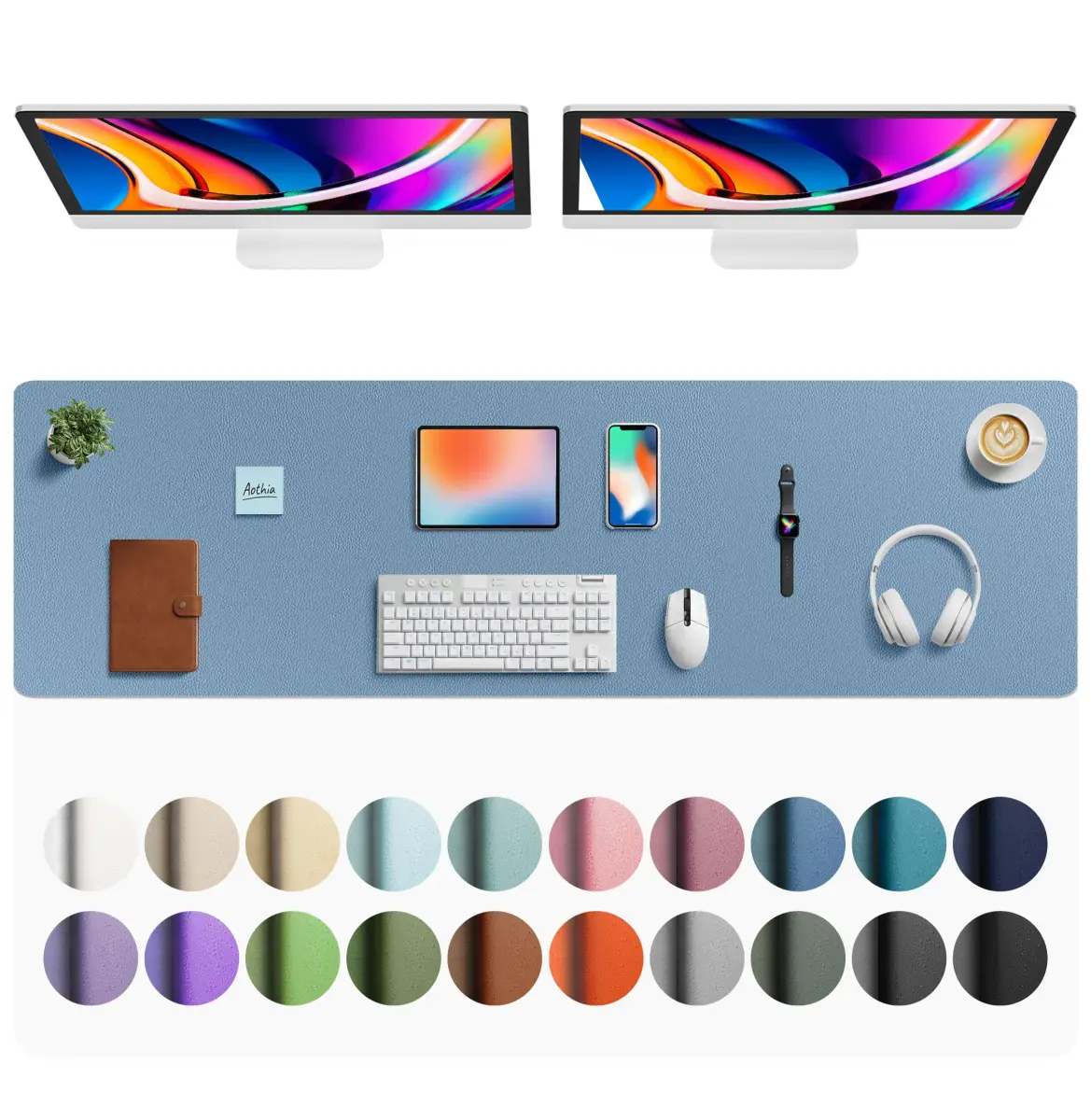 Aothia Faux Leather Desk Mat - Large Mouse Pad, Non-Slip PU Leather Blotter, Waterproof Writing Surface for Office and Home (Denim Blue, 163cm x 43cm) - main product image