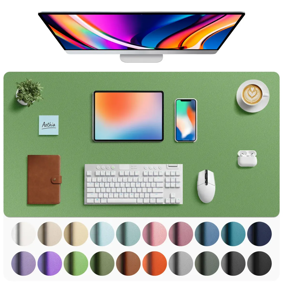Aothia Faux Leather Desk Mat - Large Mouse Pad, Non-Slip PU Leather Blotter, Waterproof Writing Surface (Olive Green, 101.6cm x 61cm) - main product image