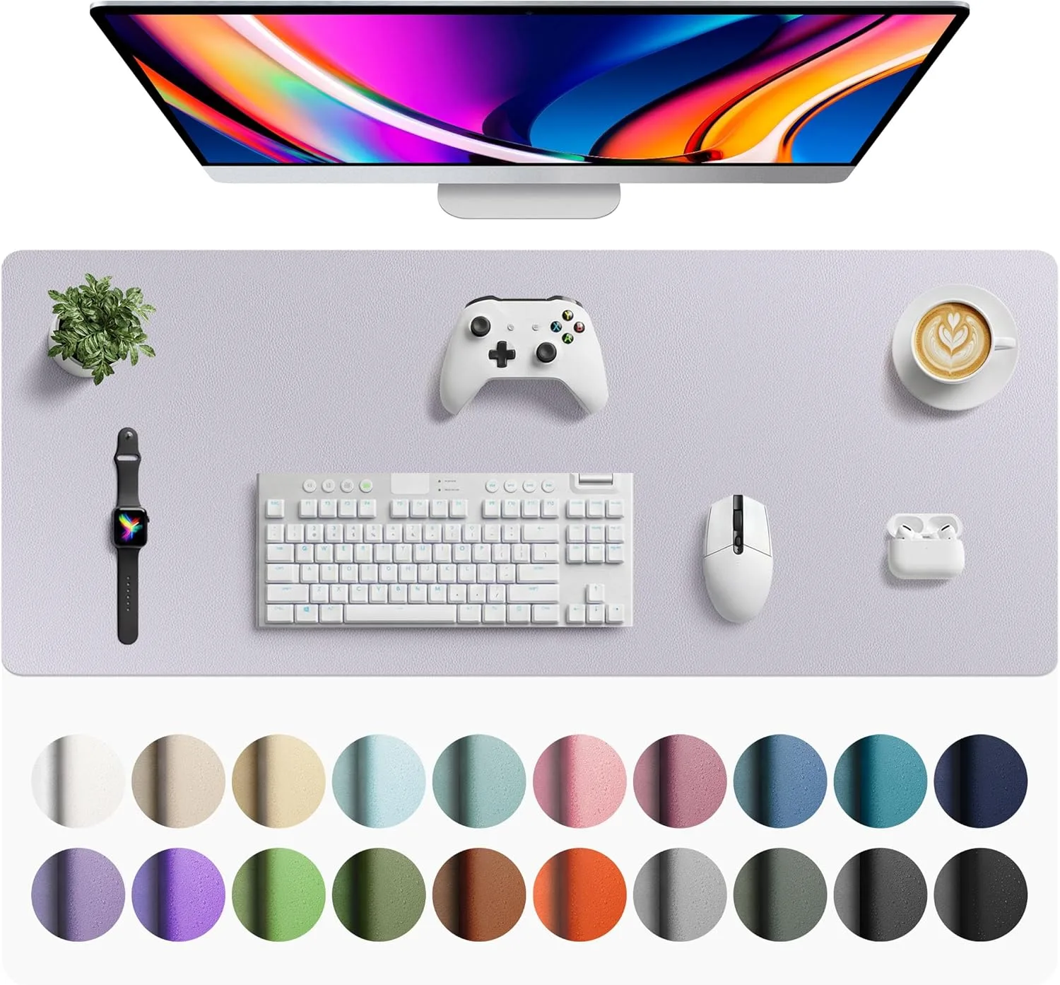 Aothia Large Faux Leather Desk Mat with Mouse Pad & Blotter, Smoky Lavender 42" x 17" | Protects Your Desk from Scratches and Spills - main product image