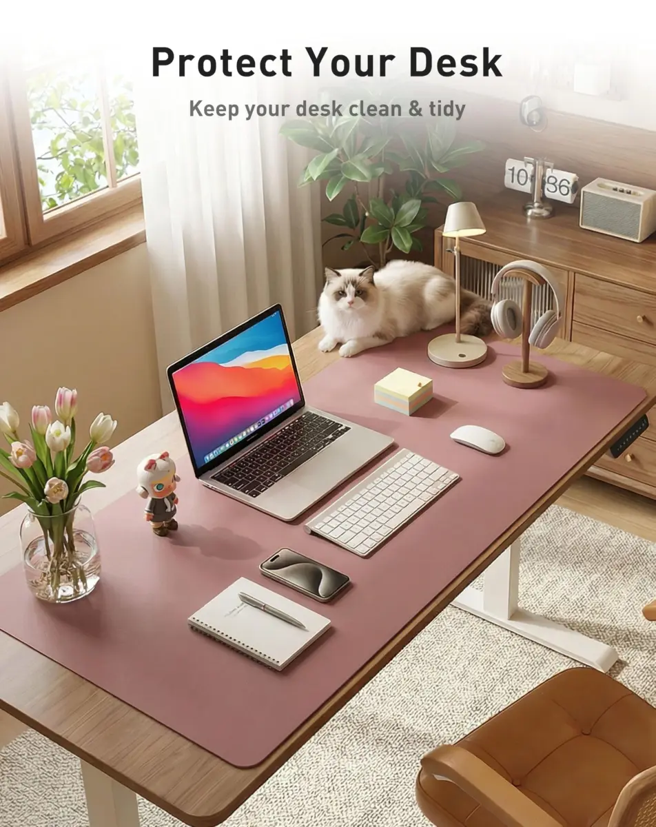 Aothia Faux Leather Desk Mat - Large Mouse Pad, Non-Slip PU Leather Blotter, Waterproof Writing Surface for Office and Home (Dark Pink, 107cm x 43cm) - view 3