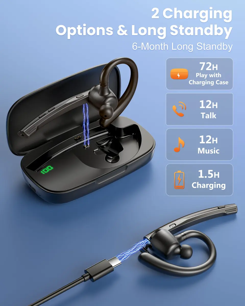 New Bee Bluetooth Headset V5.1 with Dual Mic & 72H Talk Time | 500mAh Charging Case, Qualcomm QCC3020 Chip, 15m Range - view 5