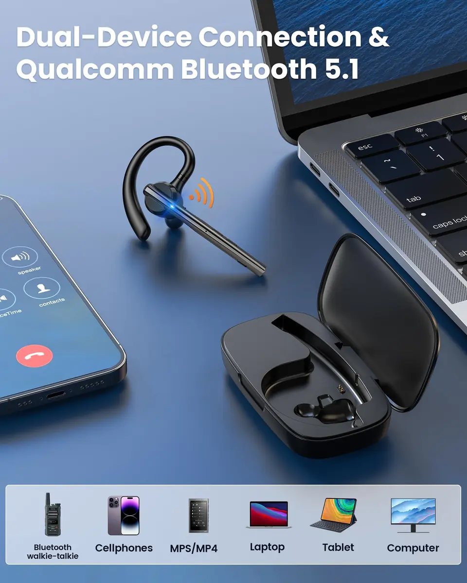 New Bee Bluetooth Headset V5.1 with Dual Mic & 72H Talk Time | 500mAh Charging Case, Qualcomm QCC3020 Chip, 15m Range - view 6