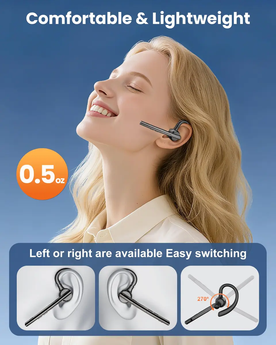 New Bee Bluetooth Headset V5.1 with Dual Mic & 72H Talk Time | 500mAh Charging Case, Qualcomm QCC3020 Chip, 15m Range - view 4