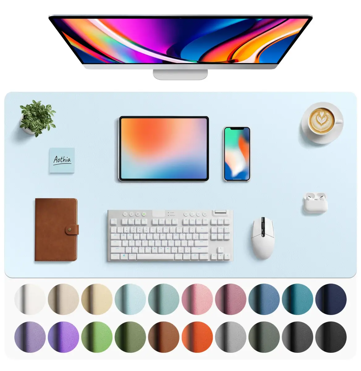 Aothia Faux Leather Desk Mat - Large Mouse Pad, Non-Slip PU Leather Blotter, Waterproof Writing Surface for Office and Home (Baby Blue, 101.6cm x 61cm) - main product image