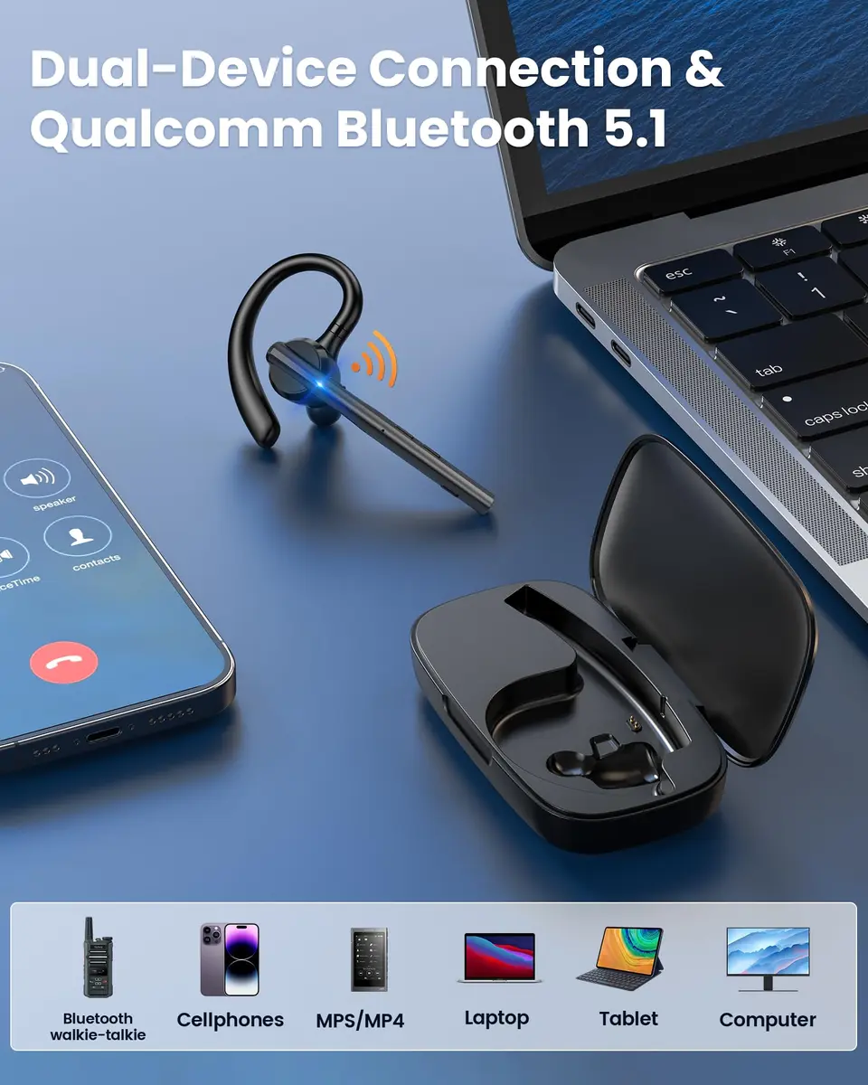 New Bee M54 Bluetooth Headset V5.1 72H Talk Time Dual Mic with 500mAh Charging Case | Wireless Hands-Free Earpiece for Business Calls - view 6