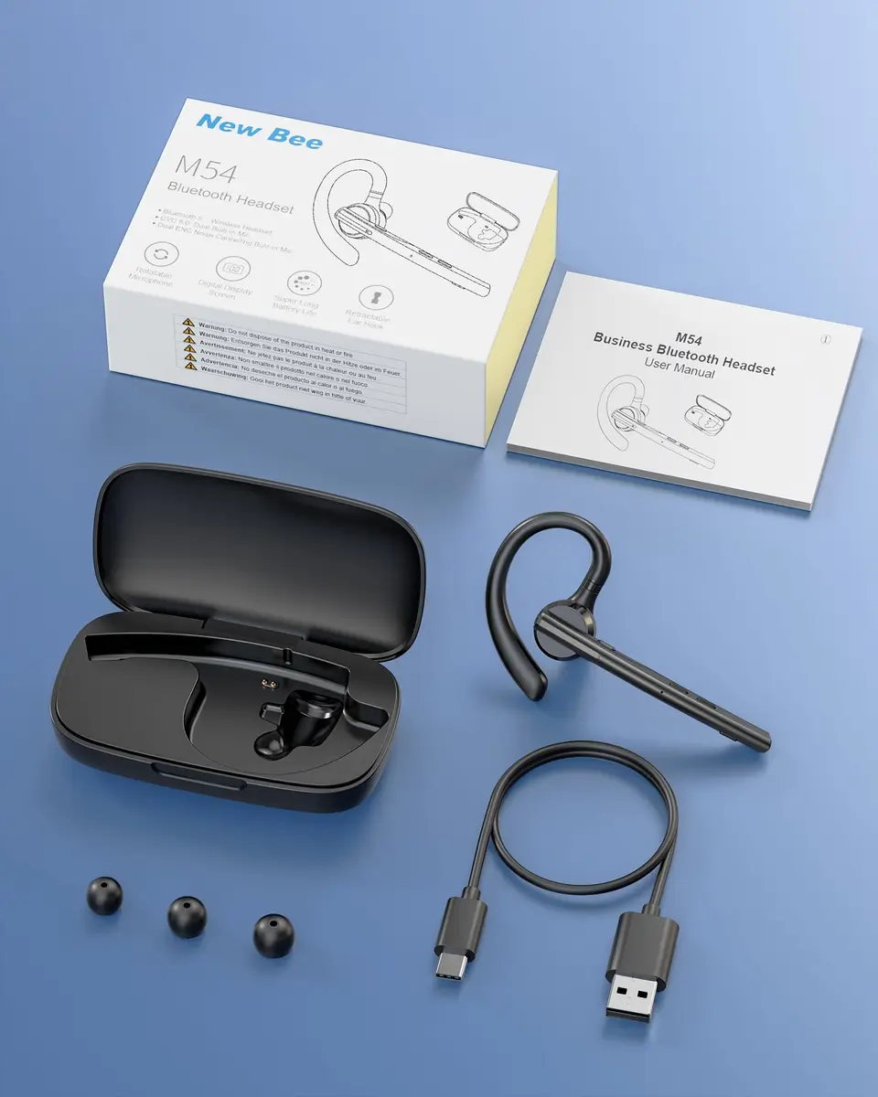 New Bee M54 Bluetooth Headset V5.1 72H Talk Time Dual Mic with 500mAh Charging Case | Wireless Hands-Free Earpiece for Business Calls - view 8