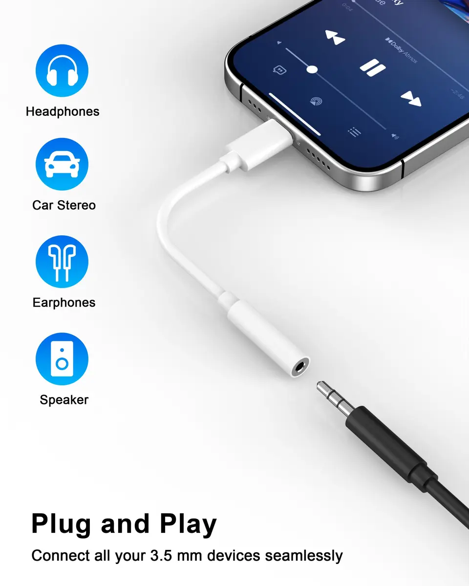 DESOFICON Apple MFi Certified Lightning to 3.5mm Headphone Jack Adapter 10-Pack White - view 7