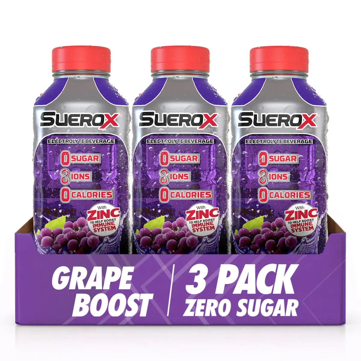SueroX Sugar Free Electrolyte Drink, Grape Boost | Zero Sugar, Hydration & Recovery (21.3 Fl Oz, 3 Pack) - main product image