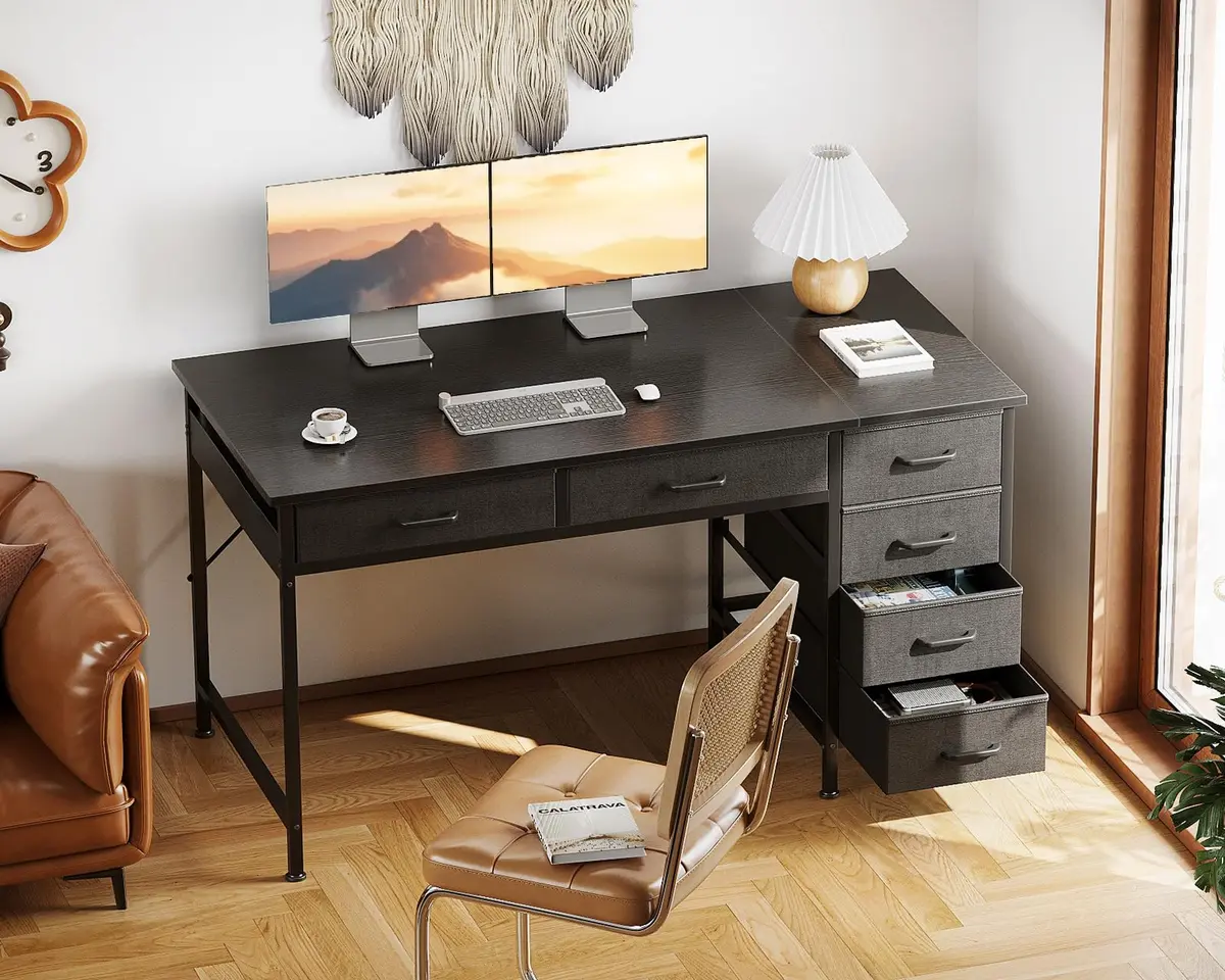 Casaottima 48 Inch Computer Desk with 6 Drawers | Reversible Storage Home Office Table in Black - view 6