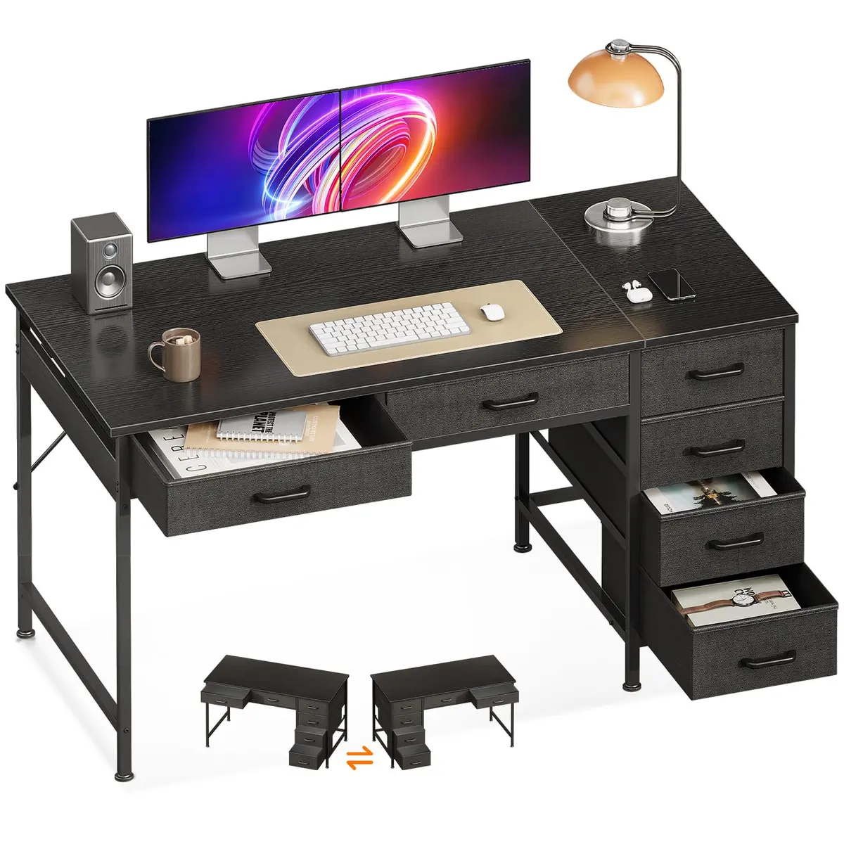 Casaottima 48 Inch Computer Desk with 6 Drawers | Reversible Storage Home Office Table in Black - main product image