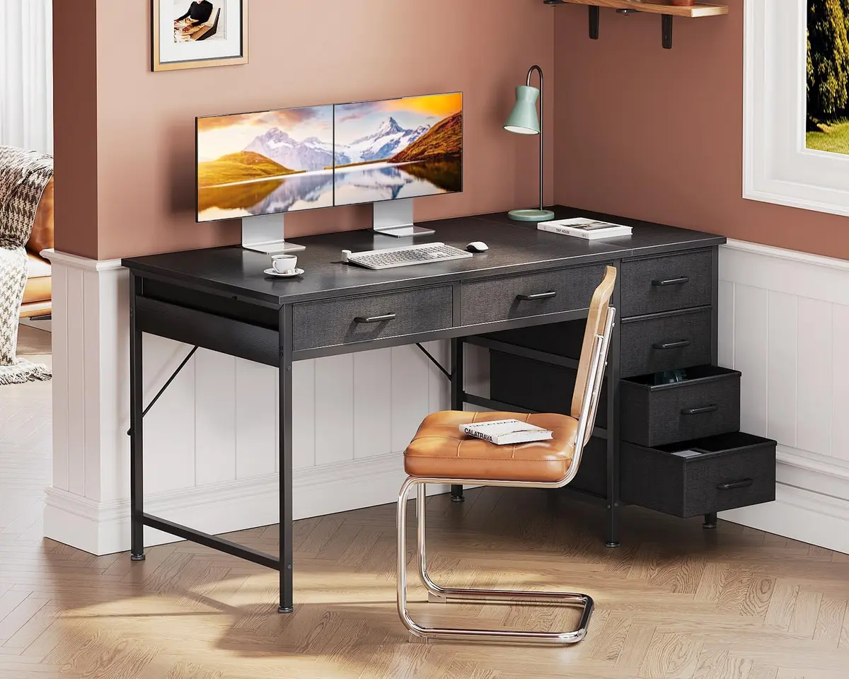 Casaottima 48 Inch Computer Desk with 6 Drawers | Reversible Storage Home Office Table in Black - view 2
