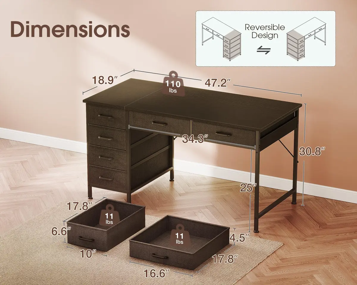 Casaottima 48 Inch Computer Desk with 6 Drawers | Reversible Storage Home Office Table in Black - view 3