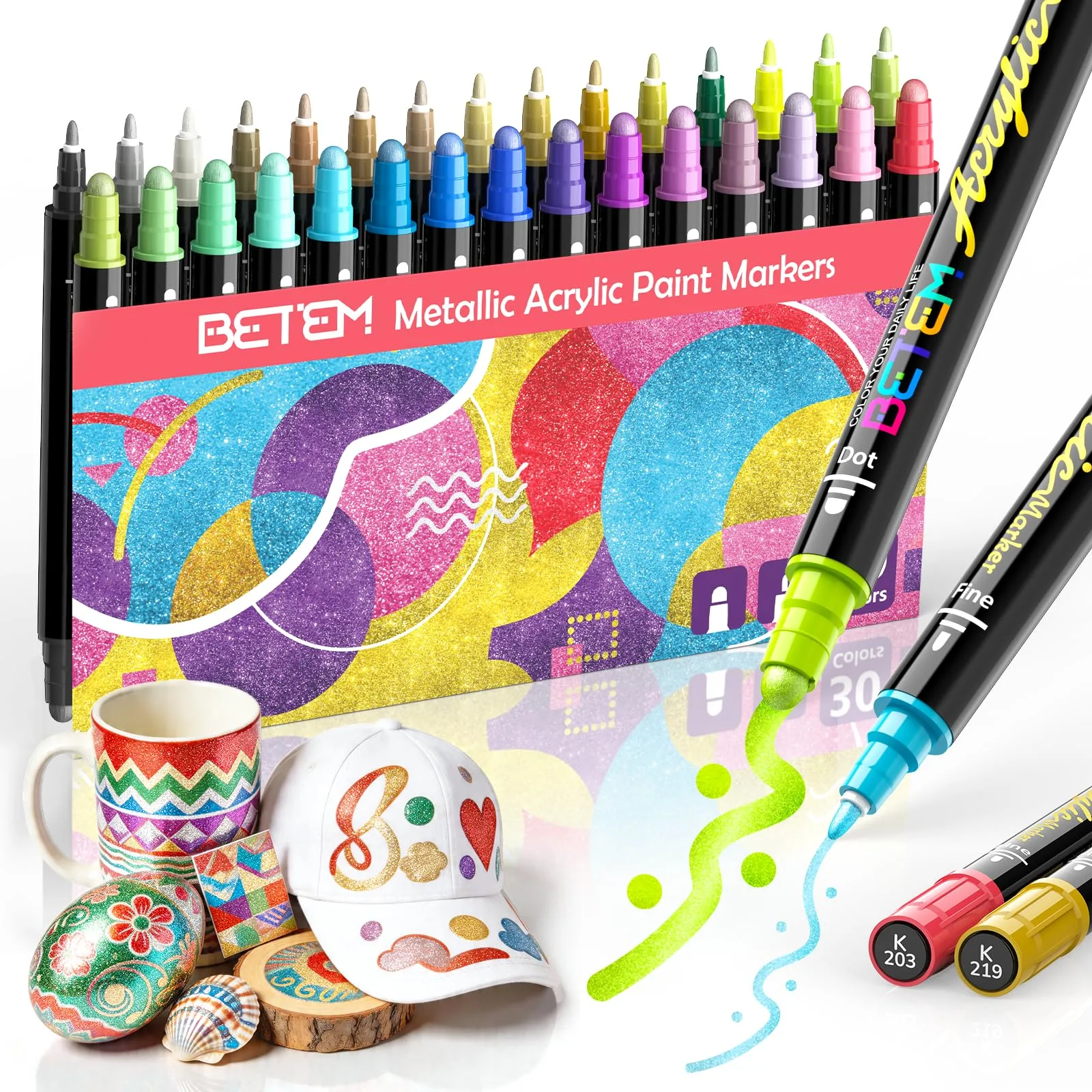 Betem Dual Tip Metallic Acrylic Paint Markers (30 Colors) | USA Imported Art Supplies for Fabric, Rock, Wood, Glass - main product image