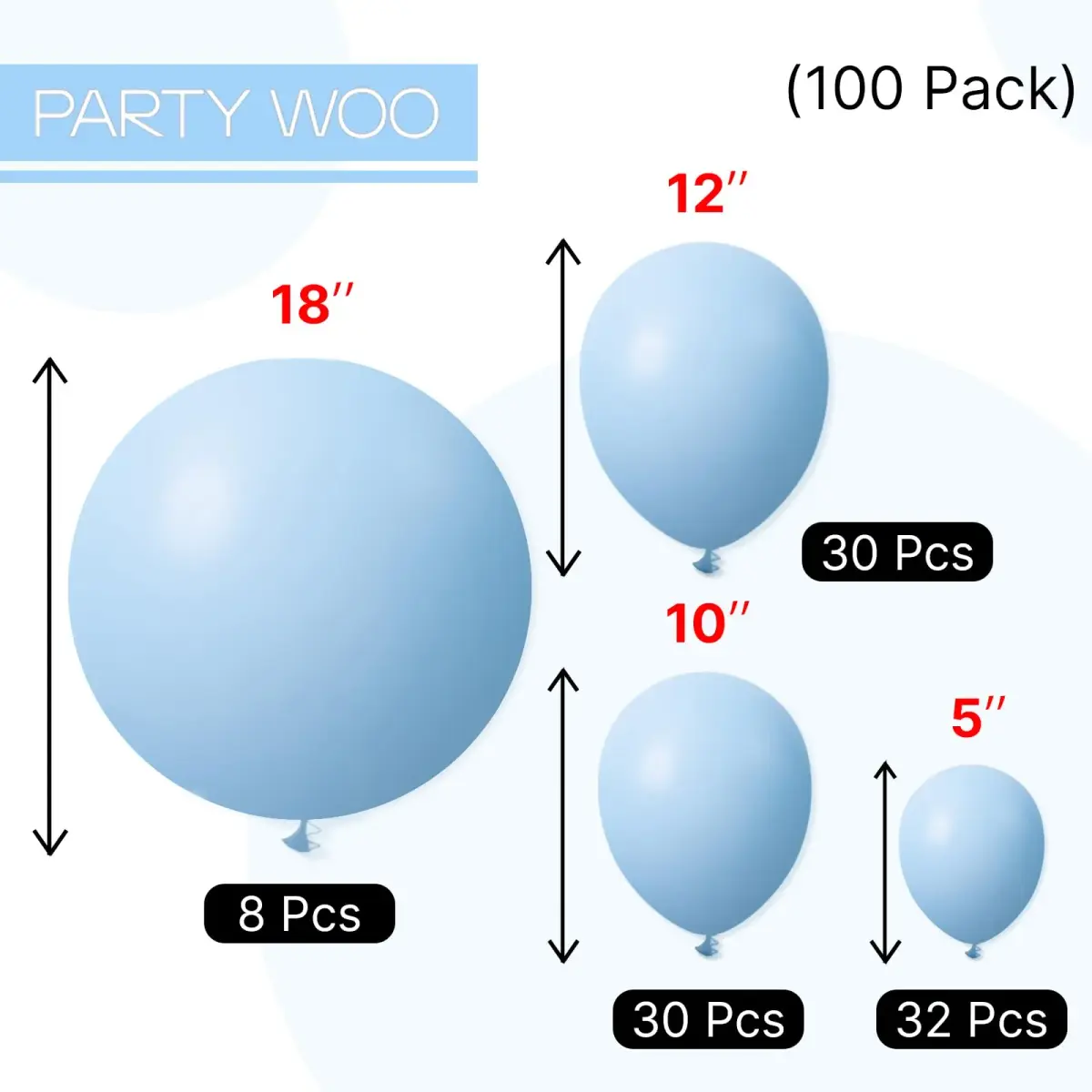 PartyWoo Light Blue Balloons 100pcs Assorted Sizes (18, 12, 10, 5 Inch) | Pastel Sky Aqua Blue Balloon Arch Kit Garland for Birthday, Baby Shower, Graduation Party Decorations - view 7