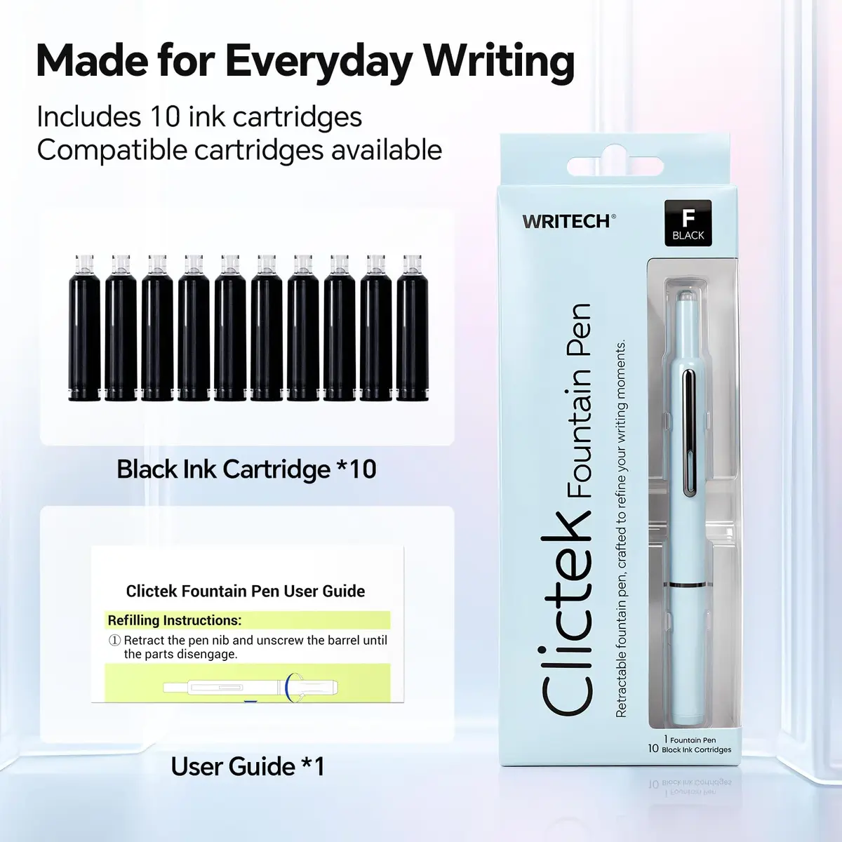 WRITECH Clictek Retractable Fountain Pen Fine Nib with 10 Black Ink Cartridges, 0.5mm Line Size | Smooth Writing for Students & Professionals - view 5