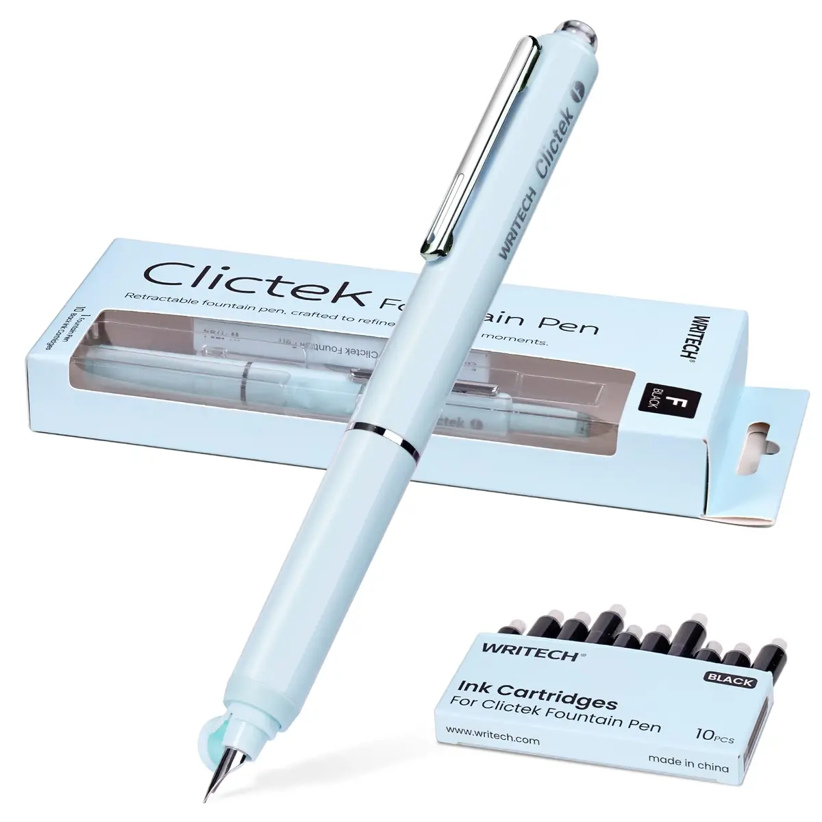 WRITECH Clictek Retractable Fountain Pen Fine Nib with 10 Black Ink Cartridges, 0.5mm Line Size | Smooth Writing for Students & Professionals - main product image