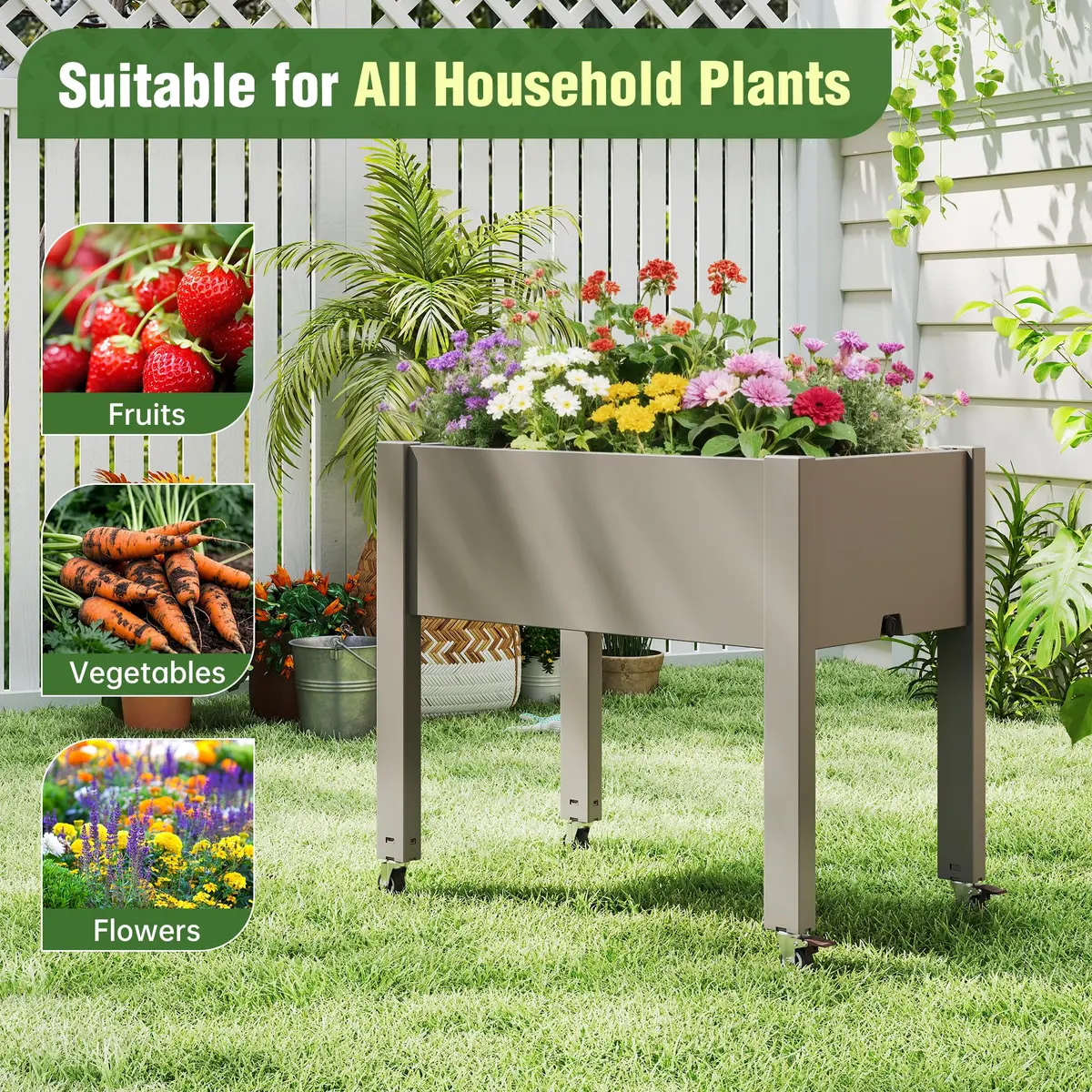 WTFGO Elevated Raised Garden Bed with Wheels, Planter Box, Gray-26.3" h | Weather-Resistant Resin Design - view 5