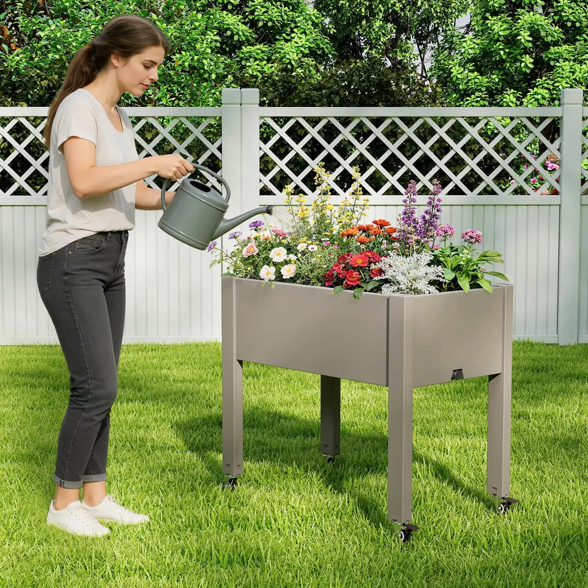 WTFGO Elevated Raised Garden Bed with Wheels, Planter Box, Gray-26.3" h | Weather-Resistant Resin Design - view 6