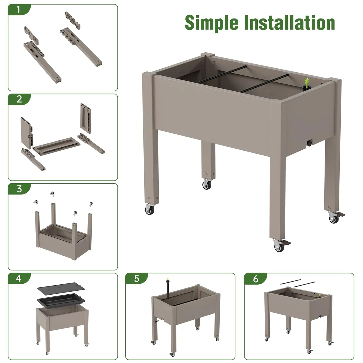 WTFGO Elevated Raised Garden Bed with Wheels, Planter Box, Gray-26.3" h | Weather-Resistant Resin Design - view 7