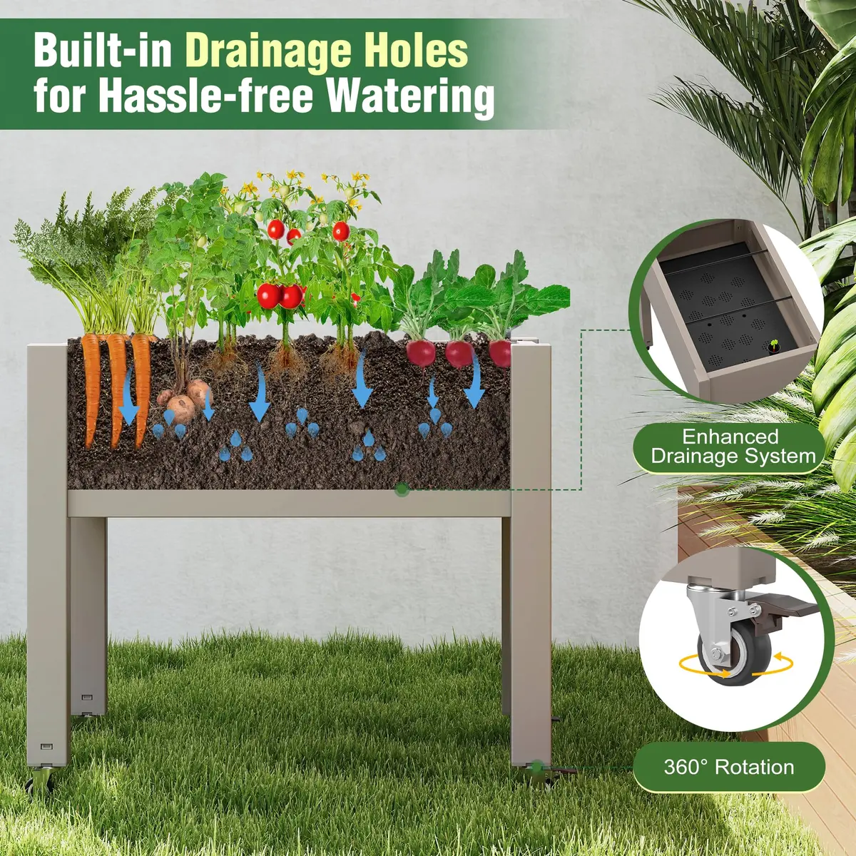WTFGO Elevated Raised Garden Bed with Wheels, Planter Box, Gray-26.3" h | Weather-Resistant Resin Design - view 3