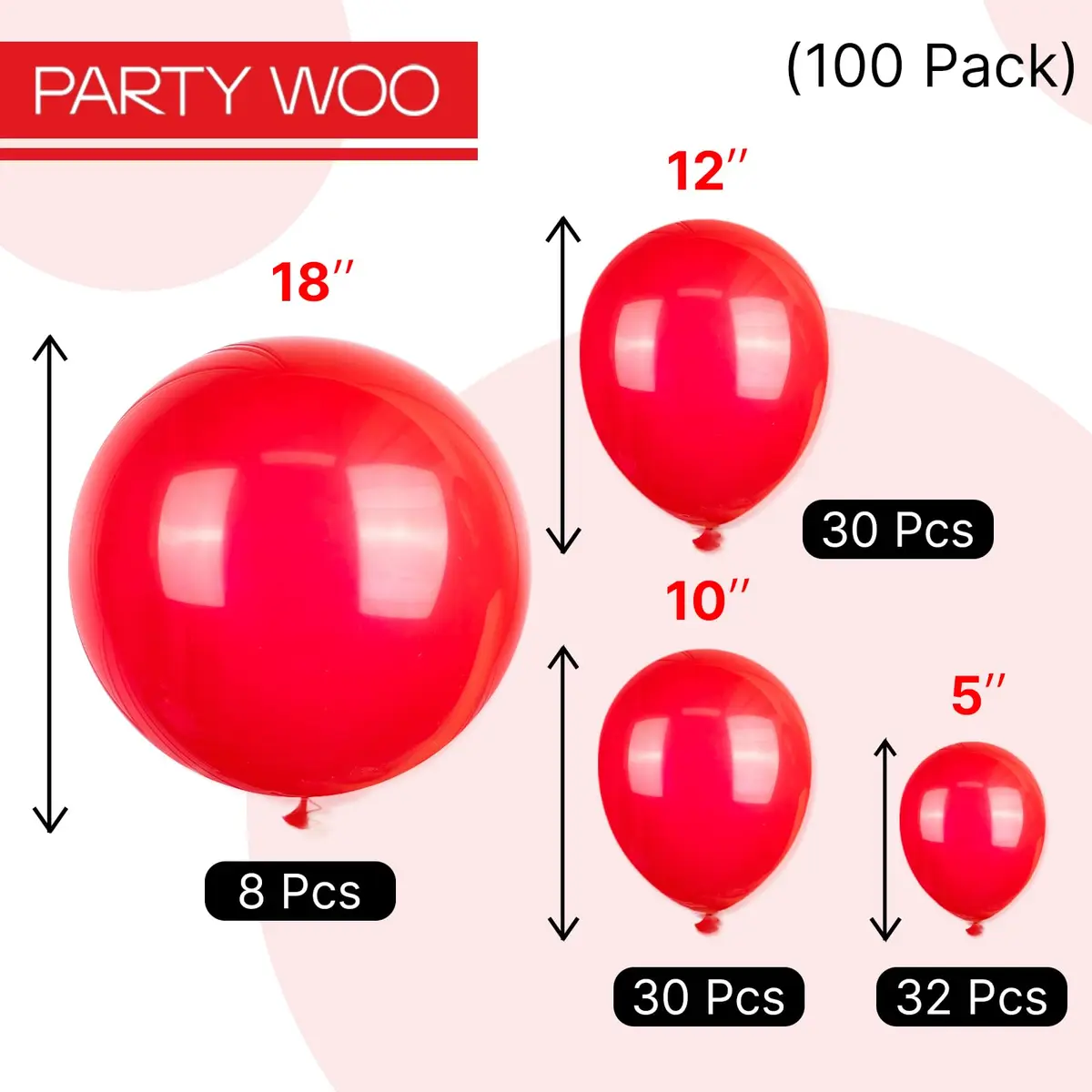 PartyWoo Red Balloons 100 pcs Assorted Sizes 5-18 Inch | Value Pack for Parties - view 7