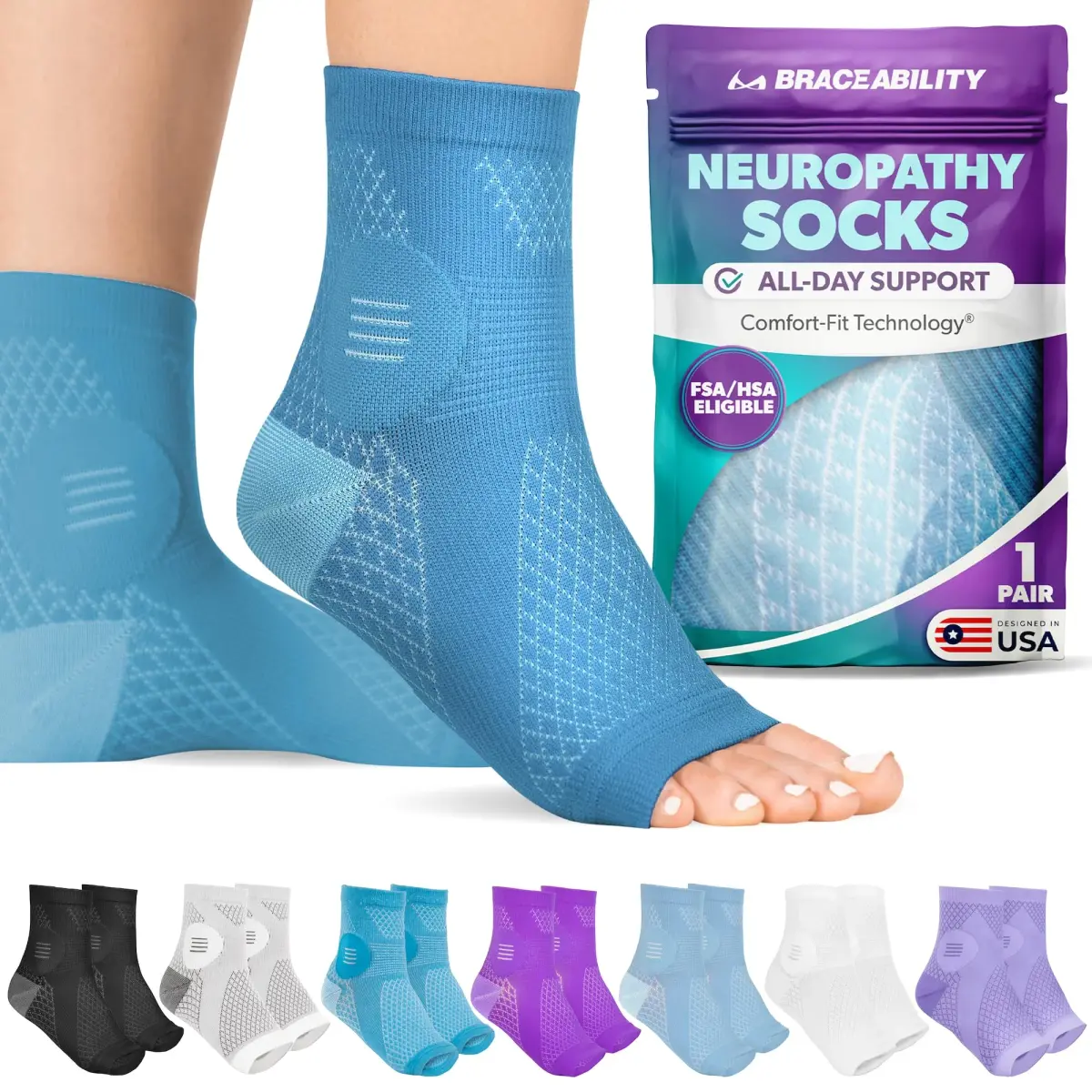 BraceAbility Neuropathy Socks (Pair) - Small Teal | FDA Approved Medical Compression Garment for Nerve Pain Relief - main product image