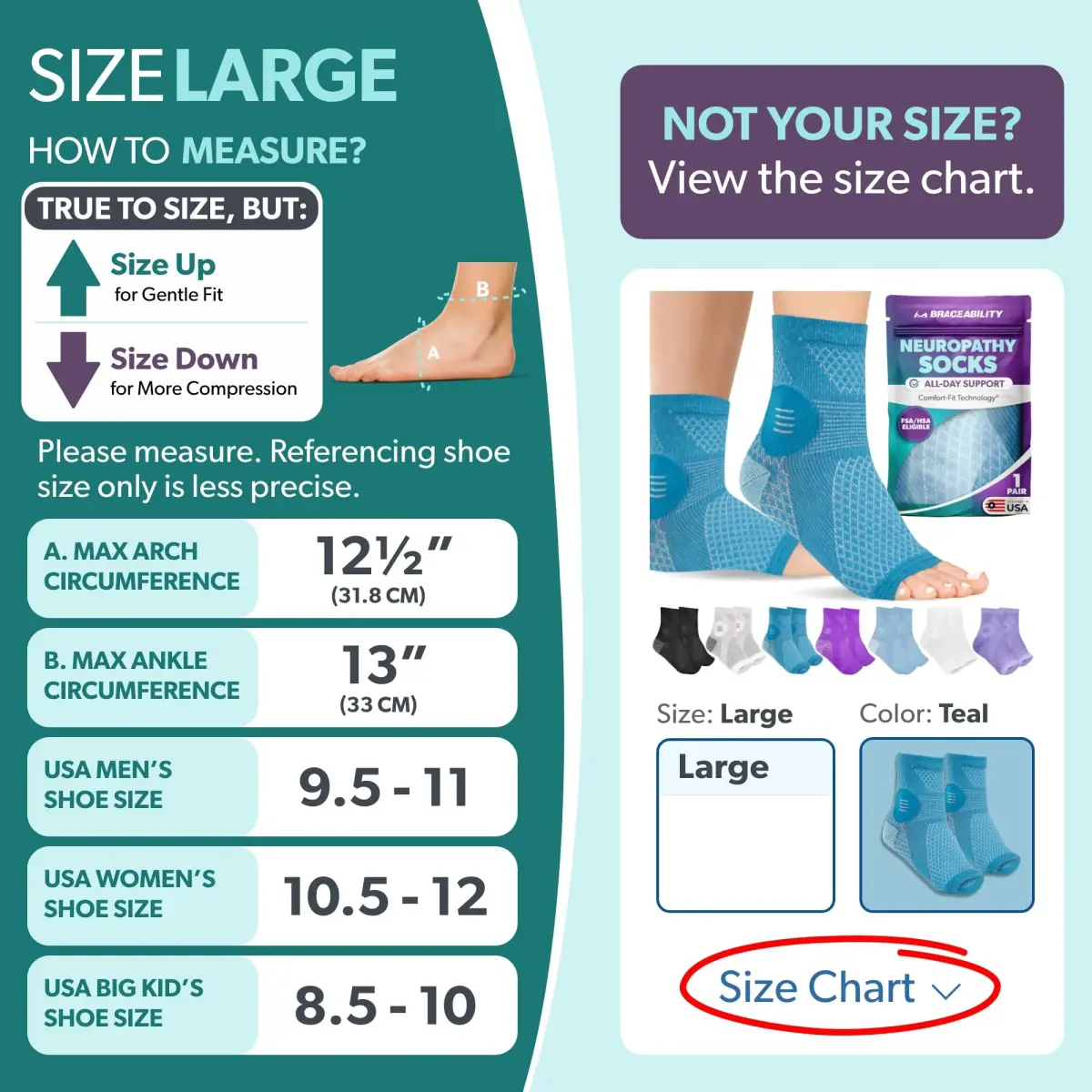 BraceAbility Neuropathy Socks - Large, Teal, 1 Pair | FDA Approved Medical Compression Garment for Nerve Pain - view 2