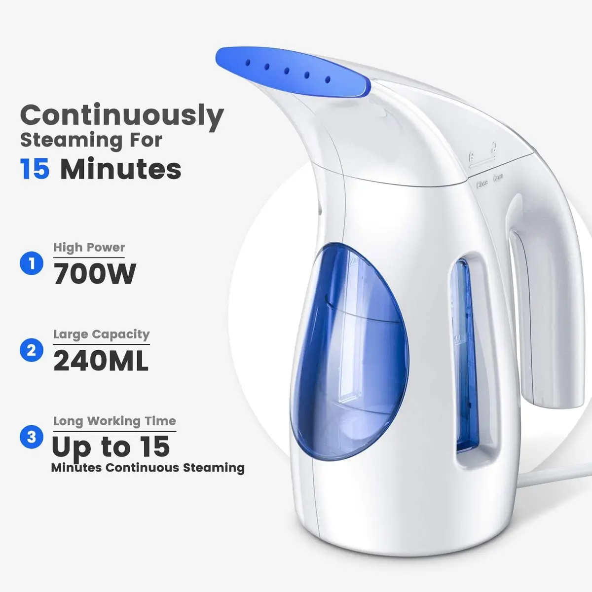 HiLIFE Garment Steamer 240ml | Portable Handheld 700W, Strong Penetrating Steam, Removes Wrinkles, for Home & Office (ONLY FOR 120V) - view 3