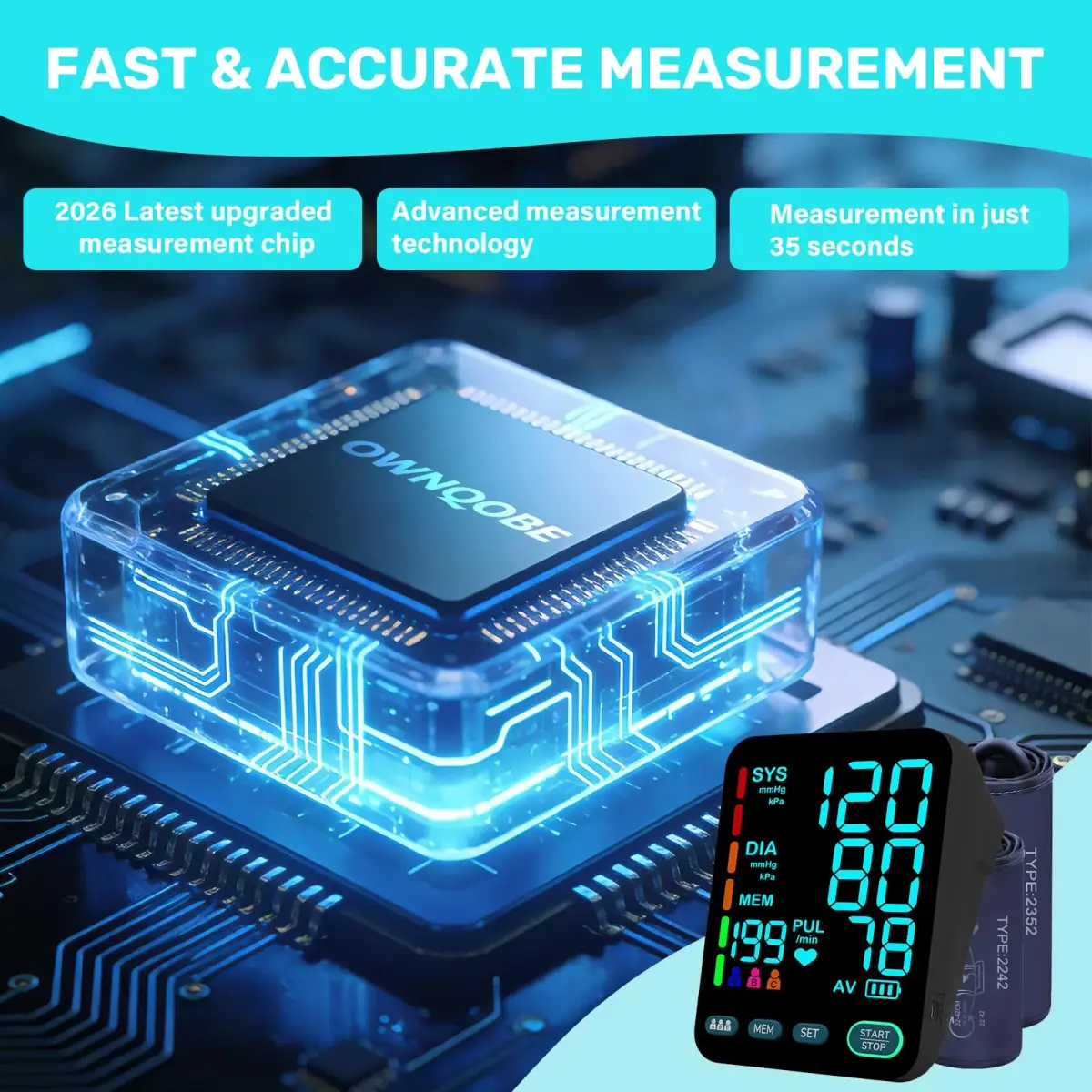 OWNQOBE Automatic Blood Pressure Monitor with 2 Cuffs (9-17'' & 13-21'') | Fast 35-Sec Readings | 3-User Memory - view 2