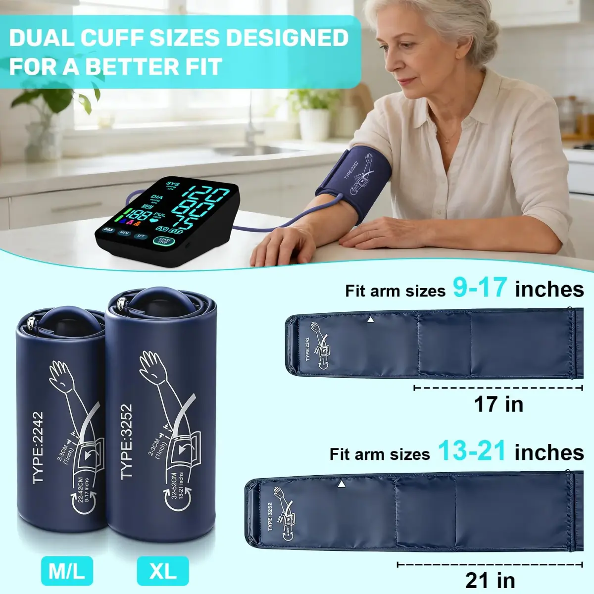 OWNQOBE Automatic Blood Pressure Monitor with 2 Cuffs (9-17'' & 13-21'') | Fast 35-Sec Readings | 3-User Memory - view 3