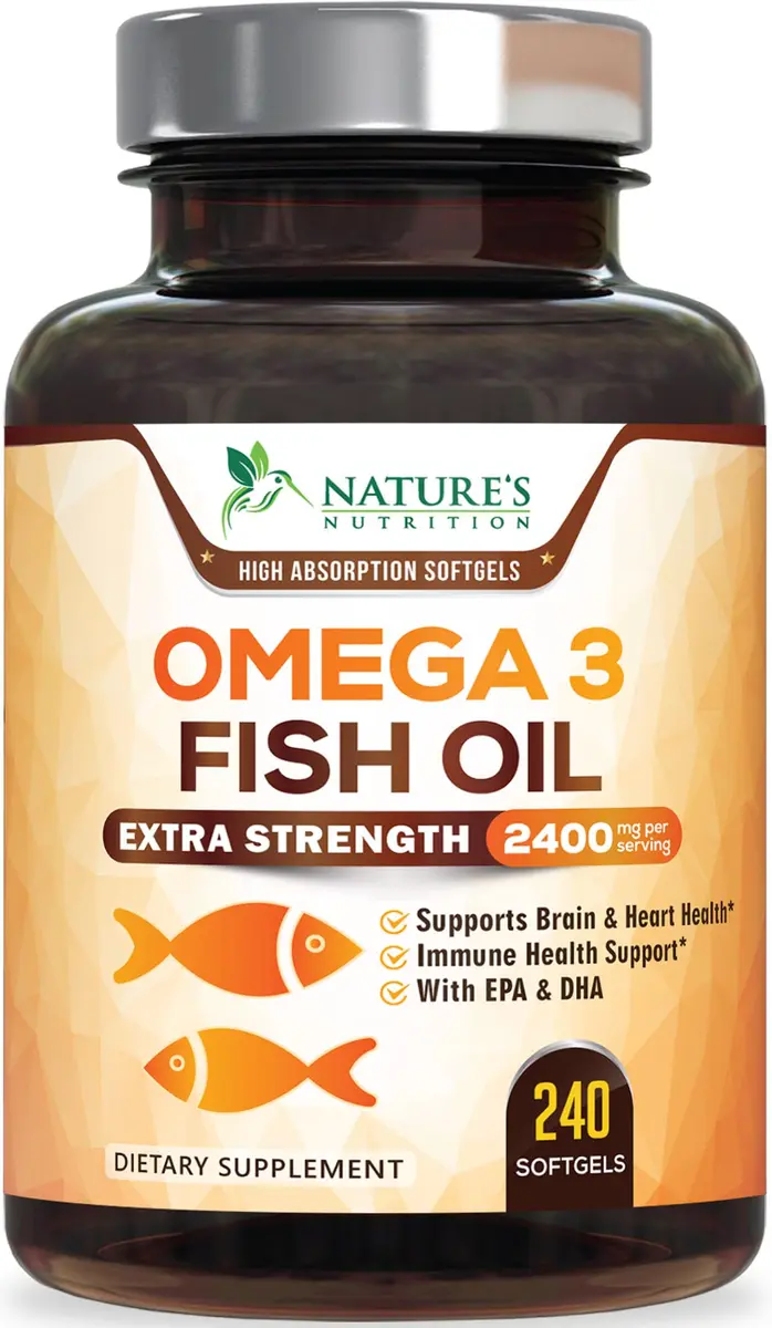 Nature's Nutrition Omega 3 Fish Oil 2400mg | Triple Strength Daily Supplement with EPA & DHA, Wild Caught, Lemon Flavor, 240 Softgels - main product image