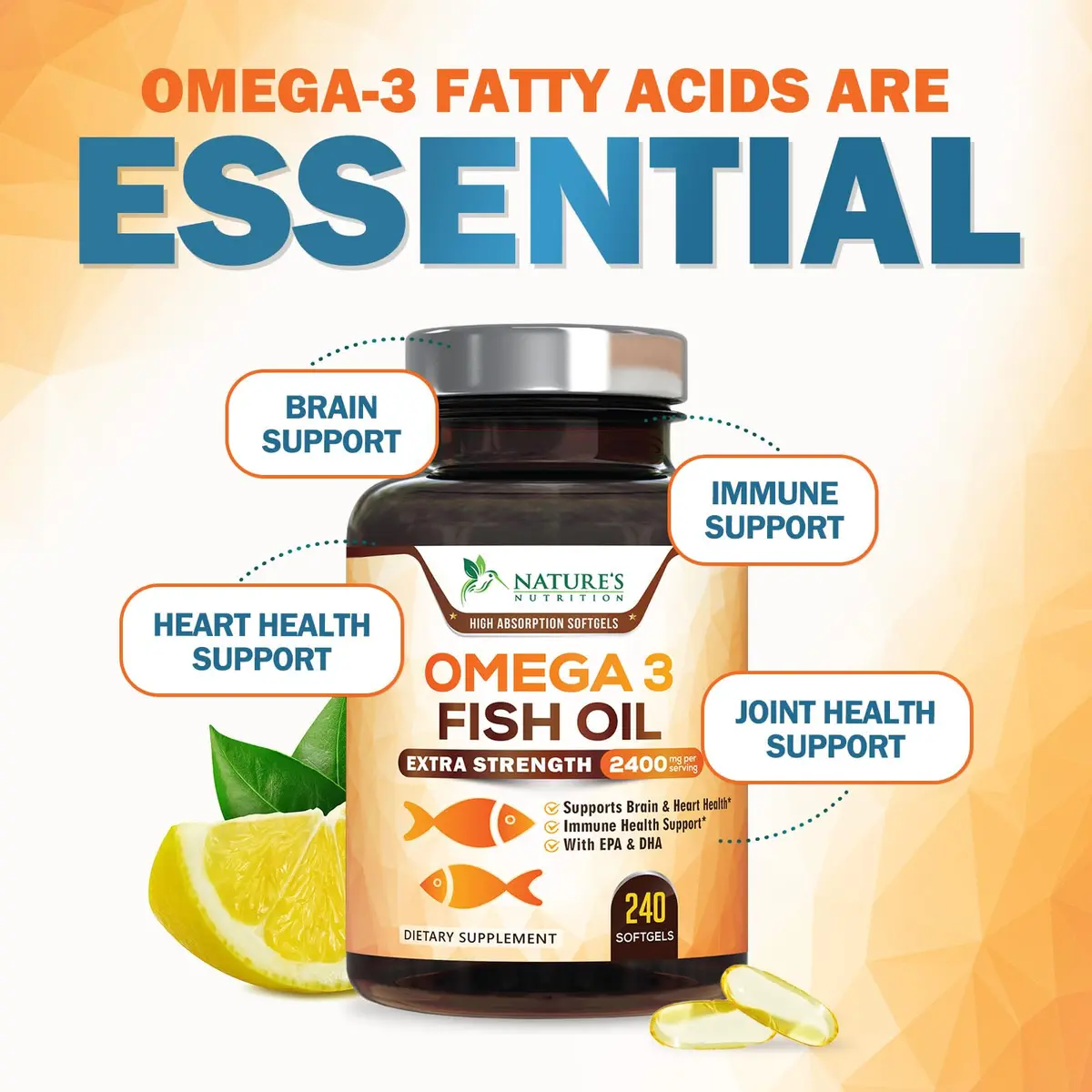 Nature's Nutrition Omega 3 Fish Oil 2400mg | Triple Strength Daily Supplement with EPA & DHA, Wild Caught, Lemon Flavor, 240 Softgels - view 5
