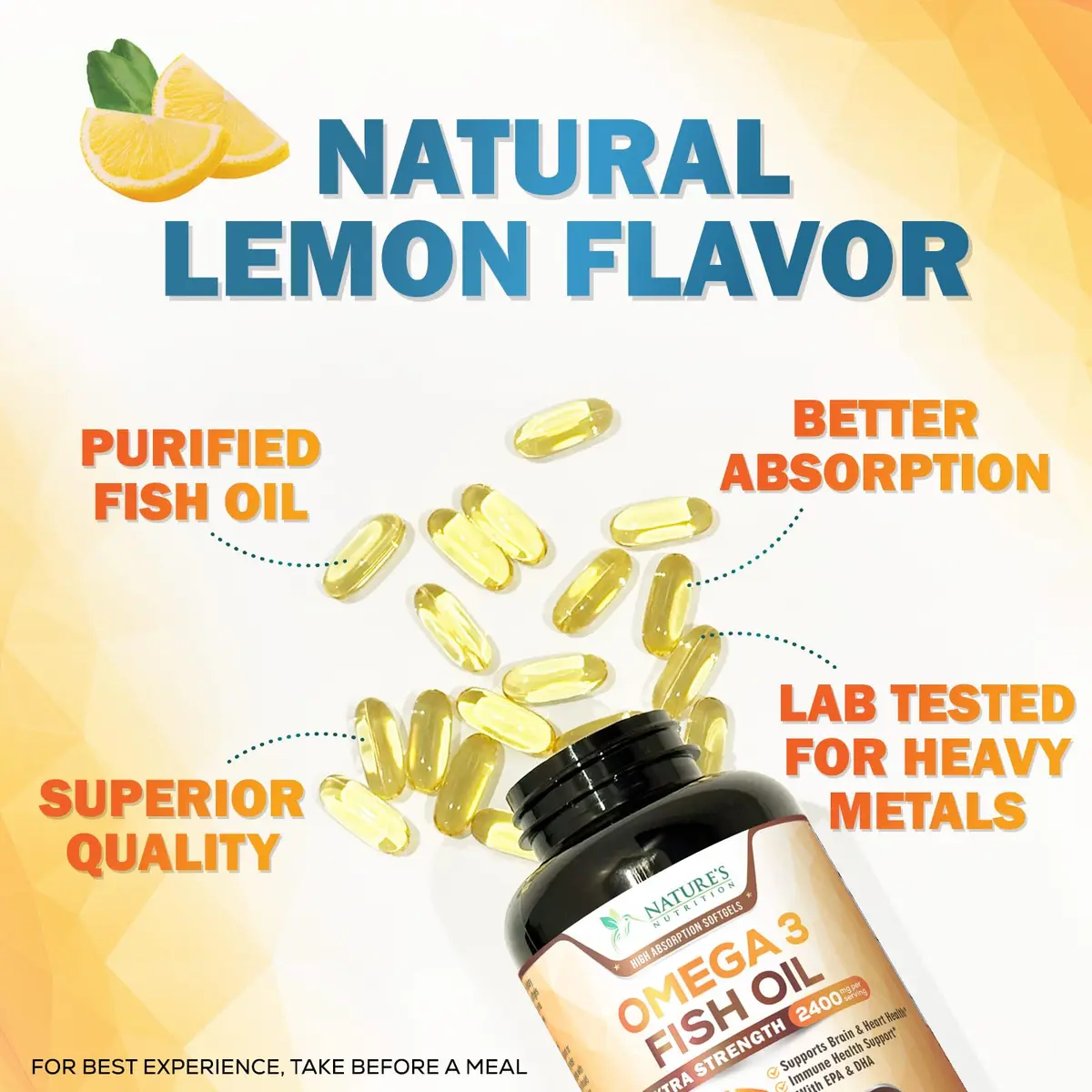 Nature's Nutrition Omega 3 Fish Oil 2400mg | Triple Strength Daily Supplement with EPA & DHA, Wild Caught, Lemon Flavor, 240 Softgels - view 7