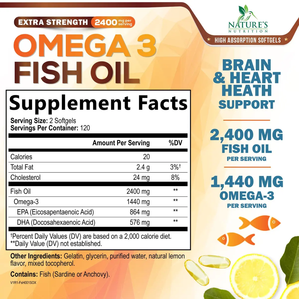 Nature's Nutrition Omega 3 Fish Oil 2400mg | Triple Strength Daily Supplement with EPA & DHA, Wild Caught, Lemon Flavor, 240 Softgels - view 2