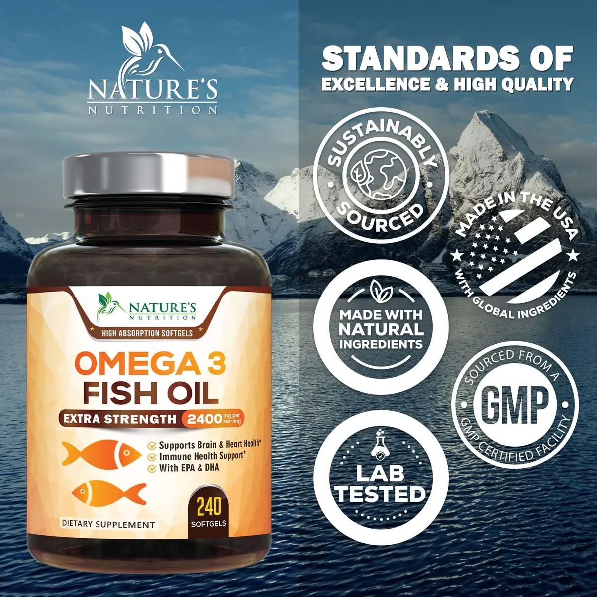 Nature's Nutrition Omega 3 Fish Oil 2400mg | Triple Strength Daily Supplement with EPA & DHA, Wild Caught, Lemon Flavor, 240 Softgels - view 4