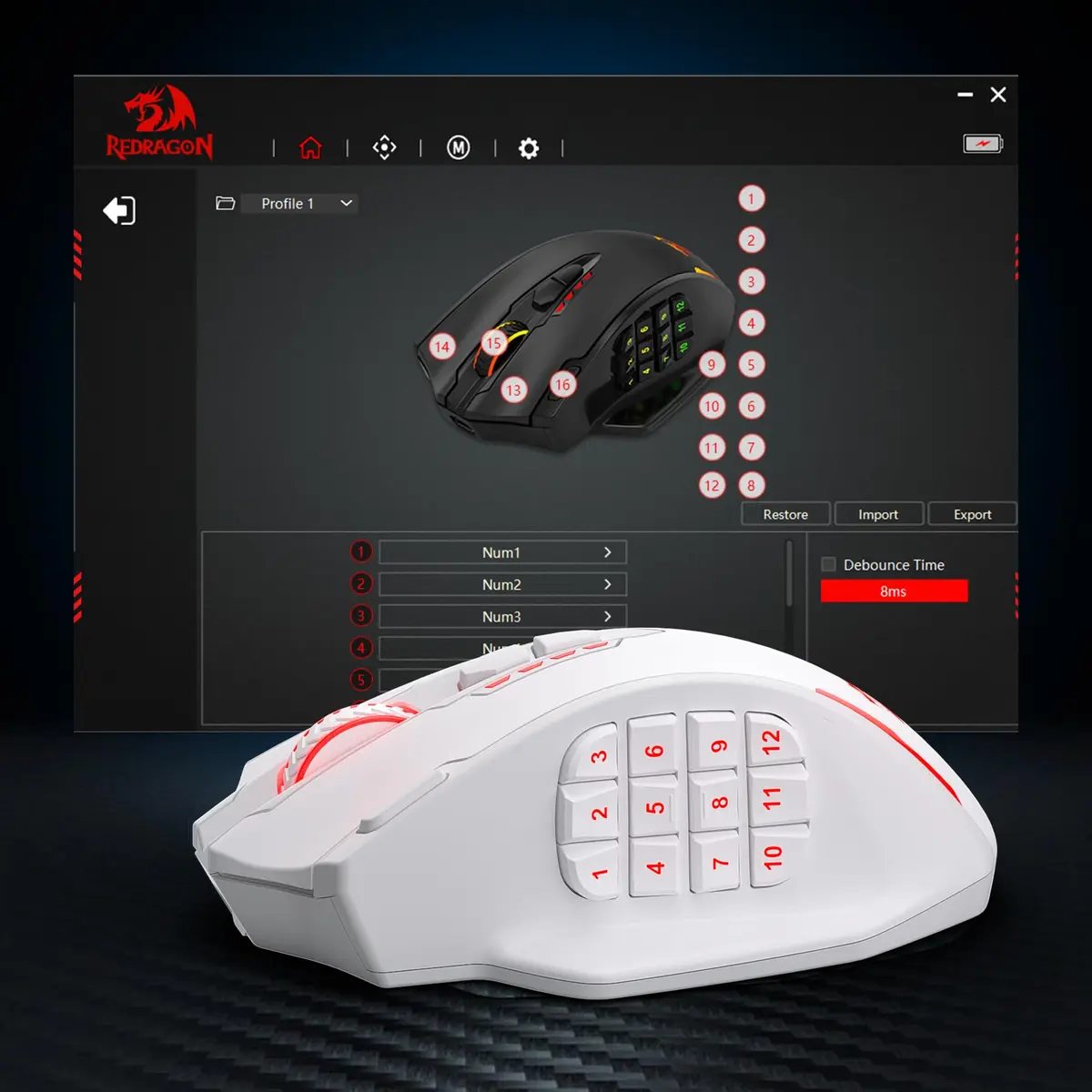Redragon M913 MAX Wireless MMO Gaming Mouse 26000 DPI White | 18 Programmable Buttons, 1ms Response - view 7