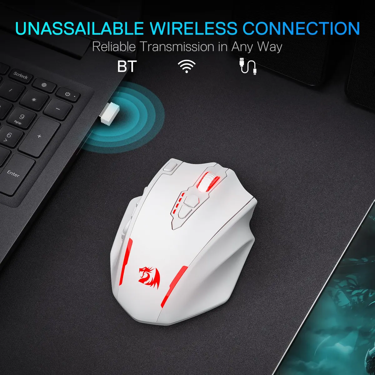 Redragon M913 MAX Wireless MMO Gaming Mouse 26000 DPI White | 18 Programmable Buttons, 1ms Response - view 2