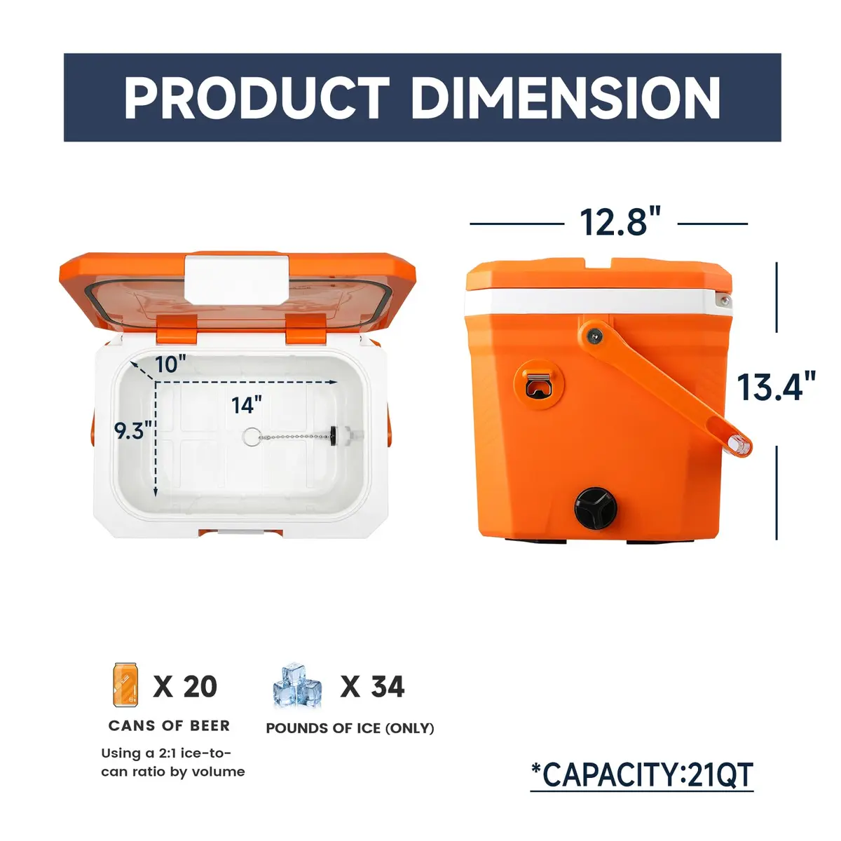 EchoSmile 20 Quart Insulated Cooler | Portable Hard Shell Ice Chest for Outdoors & Camping in Orange - view 4