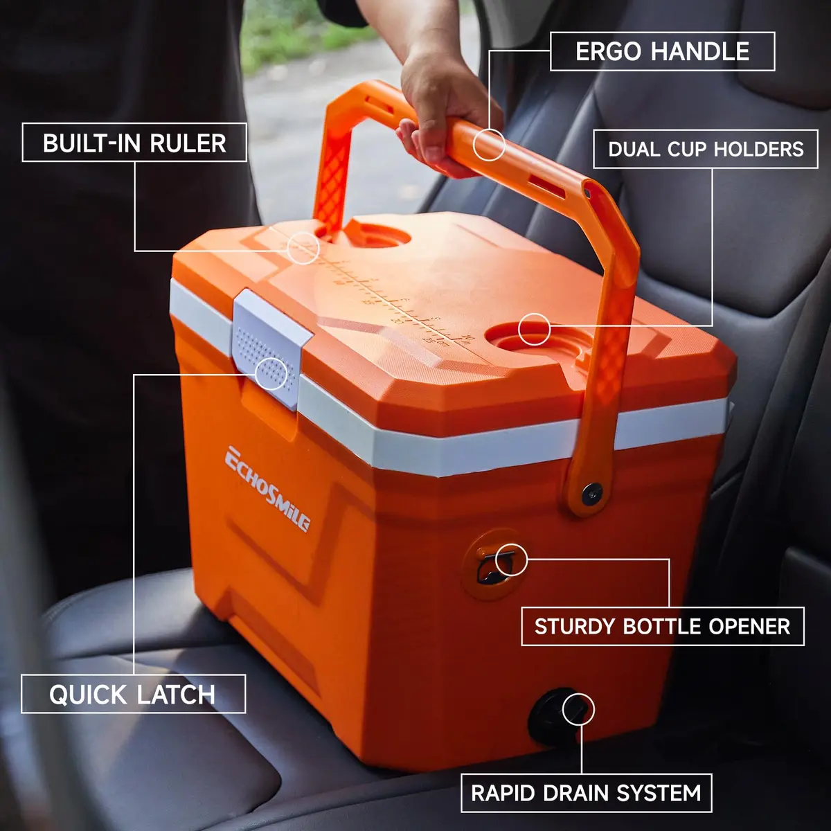 EchoSmile 20 Quart Insulated Cooler | Portable Hard Shell Ice Chest for Outdoors & Camping in Orange - view 6