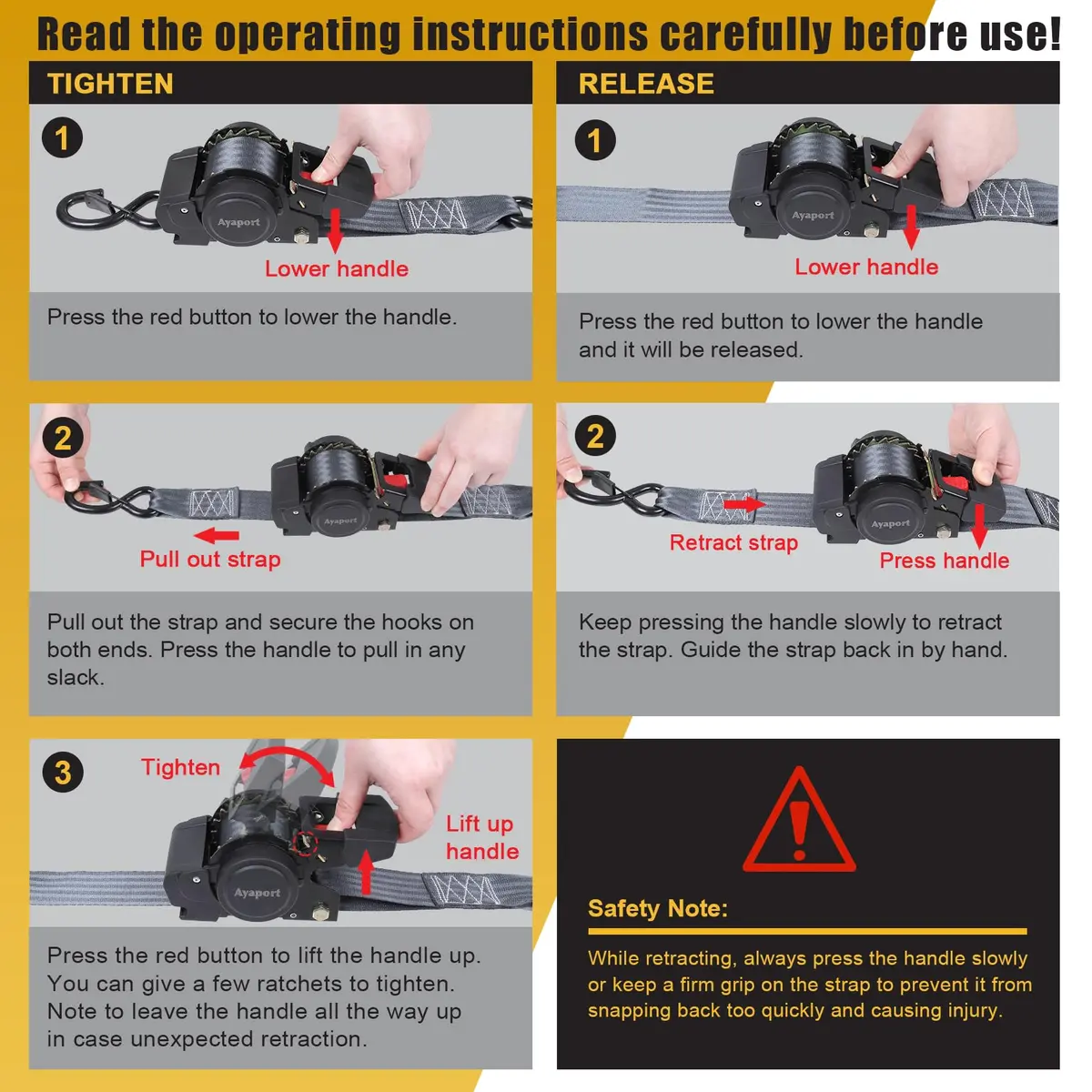 Ayaport Retractable Ratchet Straps 2in X 12.5ft (4-Pack) | Heavy Duty Tie Downs with Soft Loops - view 6