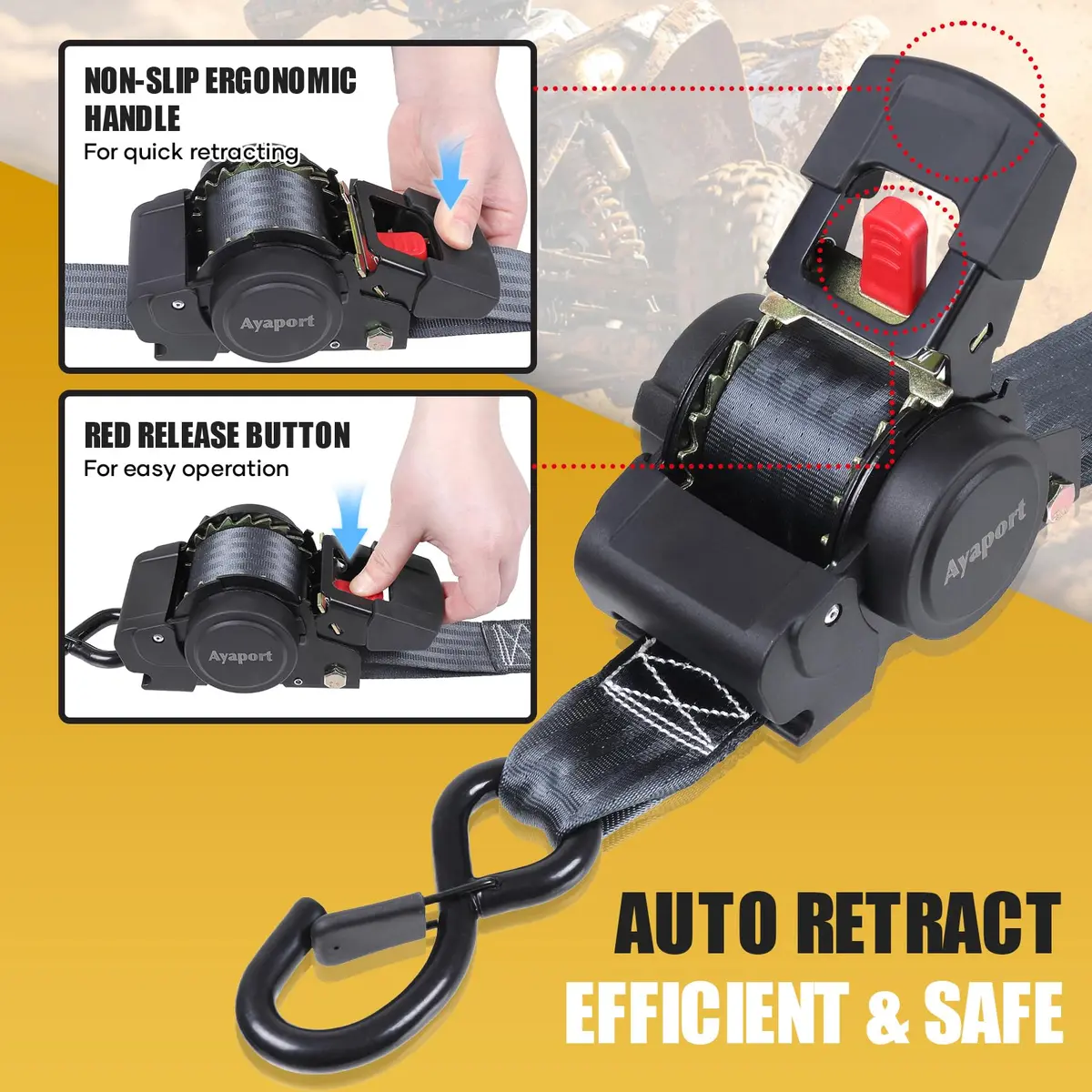 Ayaport Retractable Ratchet Straps 2in X 12.5ft (4-Pack) | Heavy Duty Tie Downs with Soft Loops - view 2