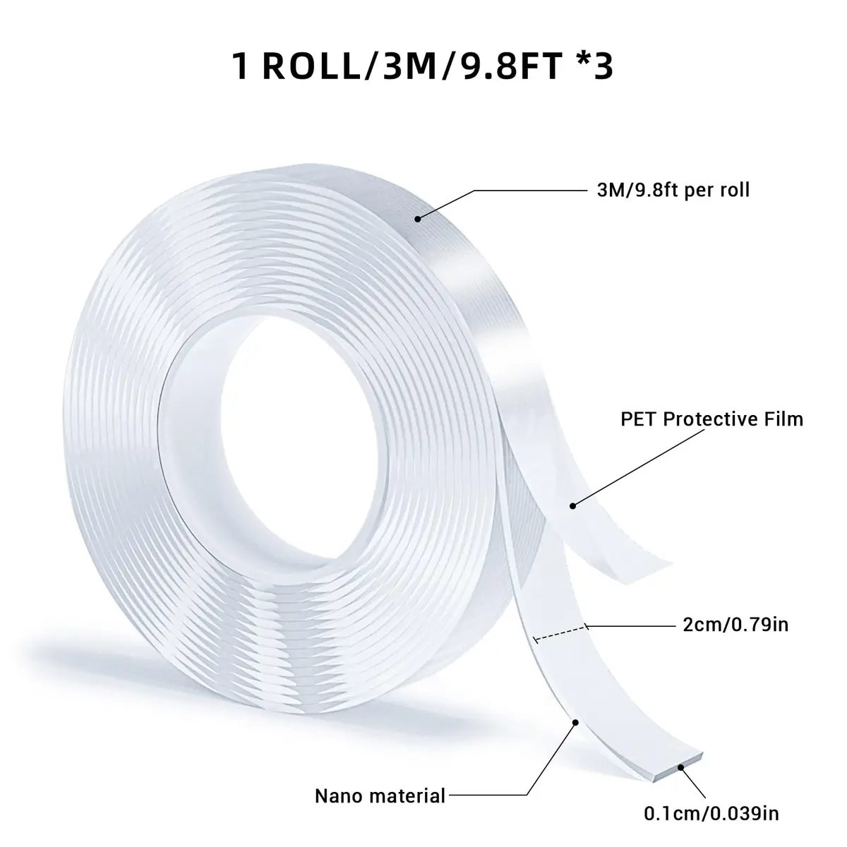 SUTOUG Double Sided Nano Tape 3 Rolls | Traceless, Washable & Reusable Adhesive for Carpets & Walls - view 2
