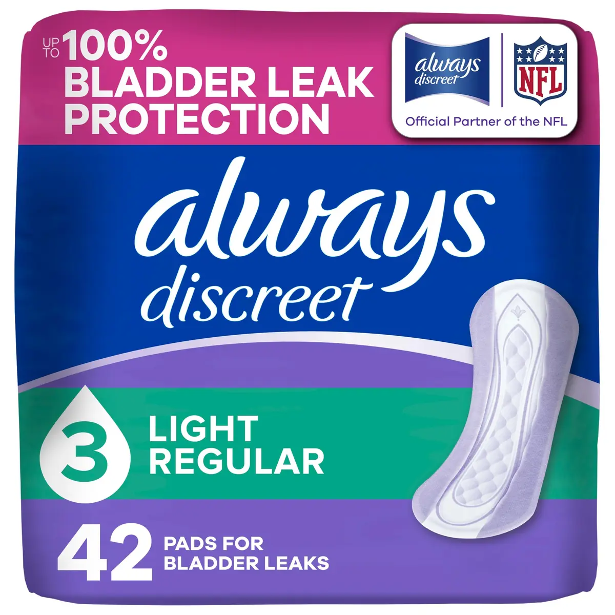 Always Discreet Adult Incontinence Pads for Women, Light Absorbency, Regular Length | Up to 100% Leak-Free Protection - main product image