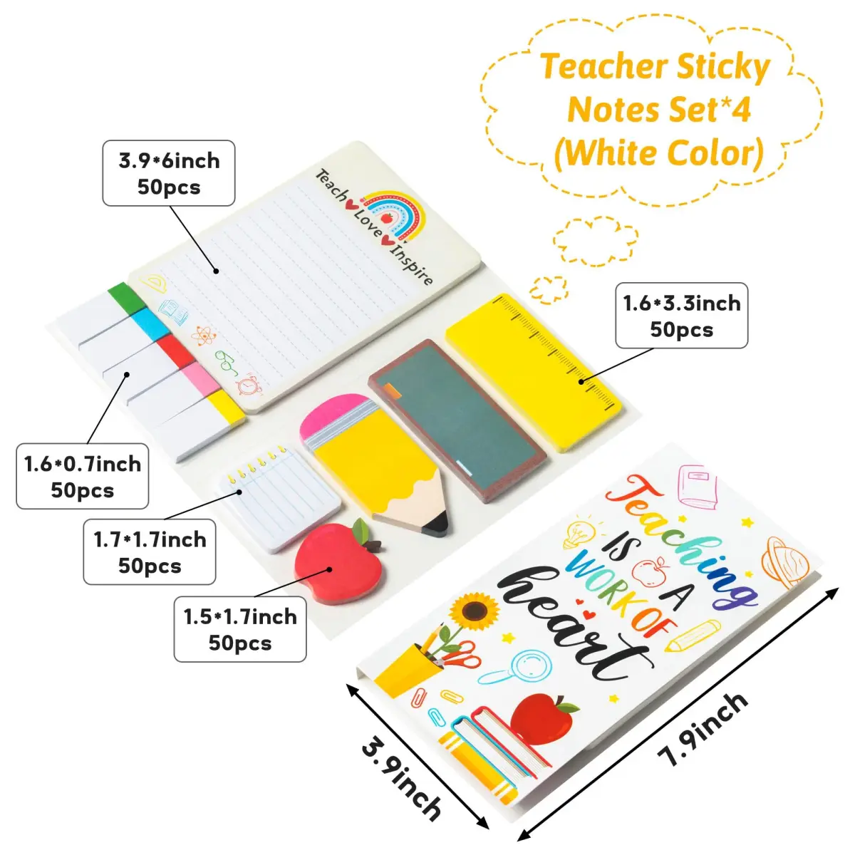 Xqumoi Teacher Sticky Notes Set 4 Pack | Ruler Blackboard Apple Shape Self-Stick Notes - main product image