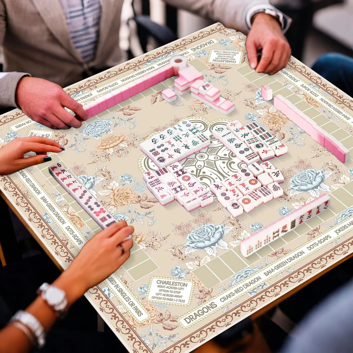 party greeting Chinoiserie Mahjong Mat 31.5 x 31.5 in | Noise-Reducing, Anti Slip, Elegant Beige - view 5