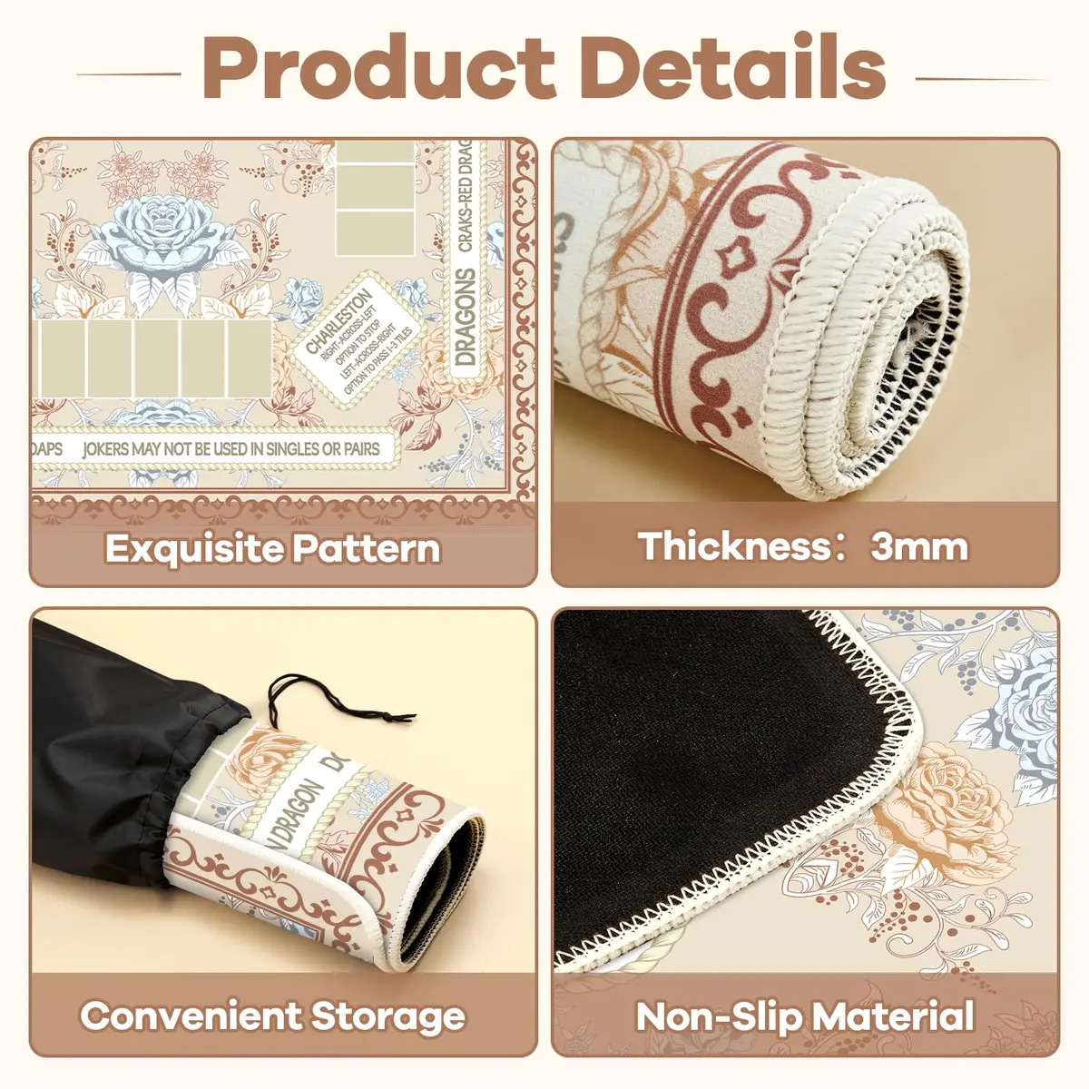 party greeting Chinoiserie Mahjong Mat 31.5 x 31.5 in | Noise-Reducing, Anti Slip, Elegant Beige - view 3